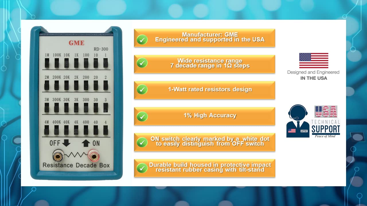 GME RD-300 Resistance Substitution Decade Box, 7 Decades Range, 1&Omega; to 11M&Omega;, 1% Accuracy, 1-Watt Rated resistors, Designed in The USA
