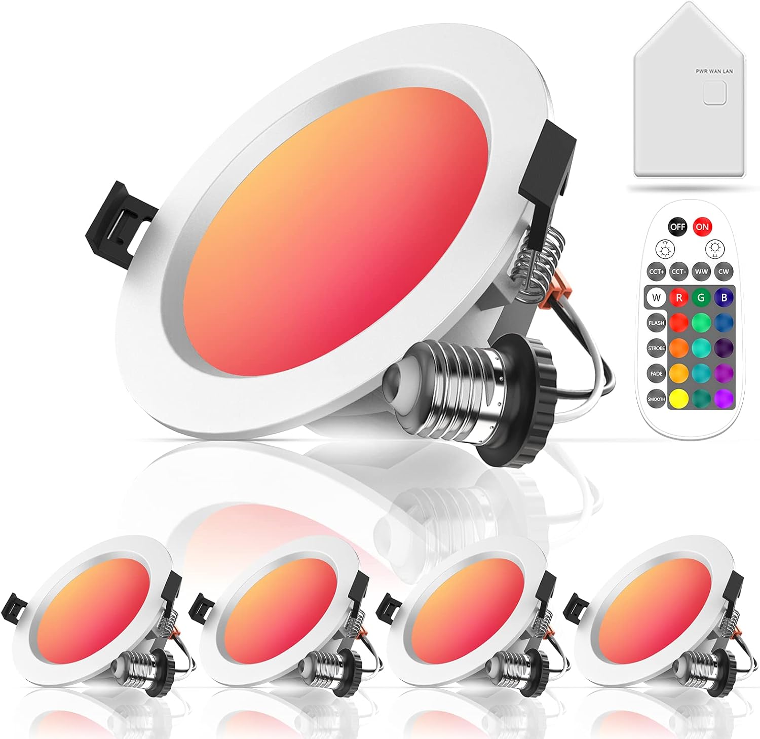 Konodar Wi-Fi & Bluetooth 2 in 1 LED Retrofit Downlights with Hub and Remote, 9W RGBCW LED Recessed Lighting 4 Inch, Dimmable Smart Can Lights Compatible with Alexa/Google Assistant, 5 Pack