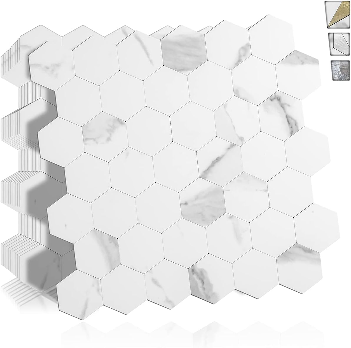 DICOFUN 10 Sheets Hexagon Tile Peel and Stick Backsplash, White Marble Look PVC Mixed Silver Metal Mosaic Tiles for Kitchen and Bathroom (Seamless) Pack of 2