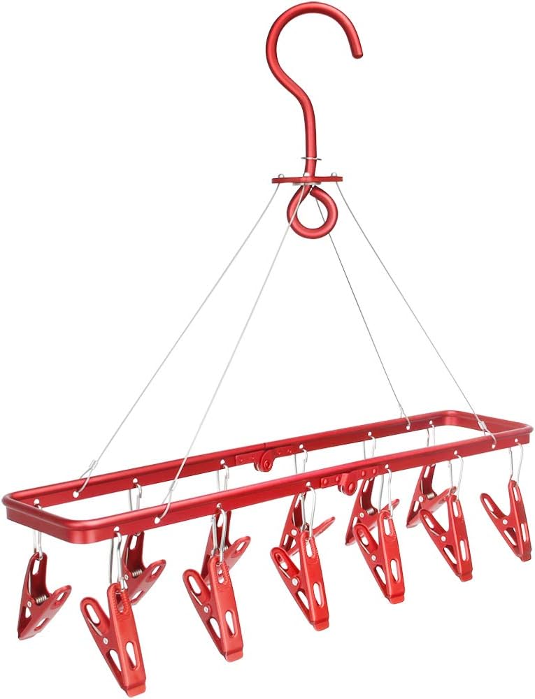 Champmate Aluminum Alloy Laundry Drying Rack Clothes Hanger with 12 Clips for Drying Socks, Drying Towels, Hat， Cap，Diapers, Bras, Baby Clothes, Underwear, Socks Gloves for Travel (Red)