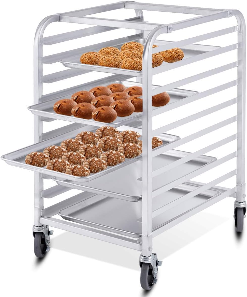 ReunionG 10 Tier Bun Pan Rack, Bakery Rack with 2 Lockable Wheels, 10 Sheet Aluminum Storage Cooling Trolley with Open Shelf, Dough Pizza Baking Mobile Rack for Home Commercial