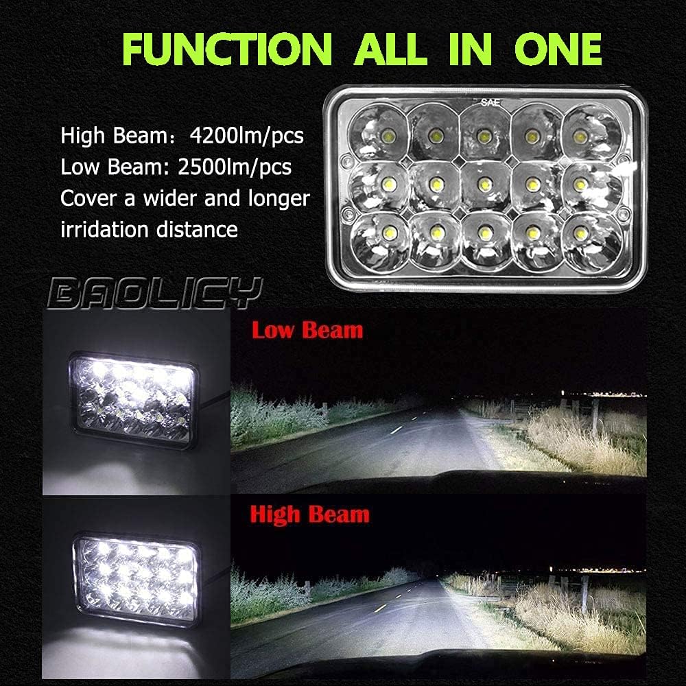 BAOLICY 4x6 Inch LED Headlights Dot Approved High Low Sealed Beam Rectangular LED Headlight with H4 Wiring Harness 4PCS 45W LED Headlamp Replace H4656 H4666 H4651 H4652 H6545 H4668 H4642