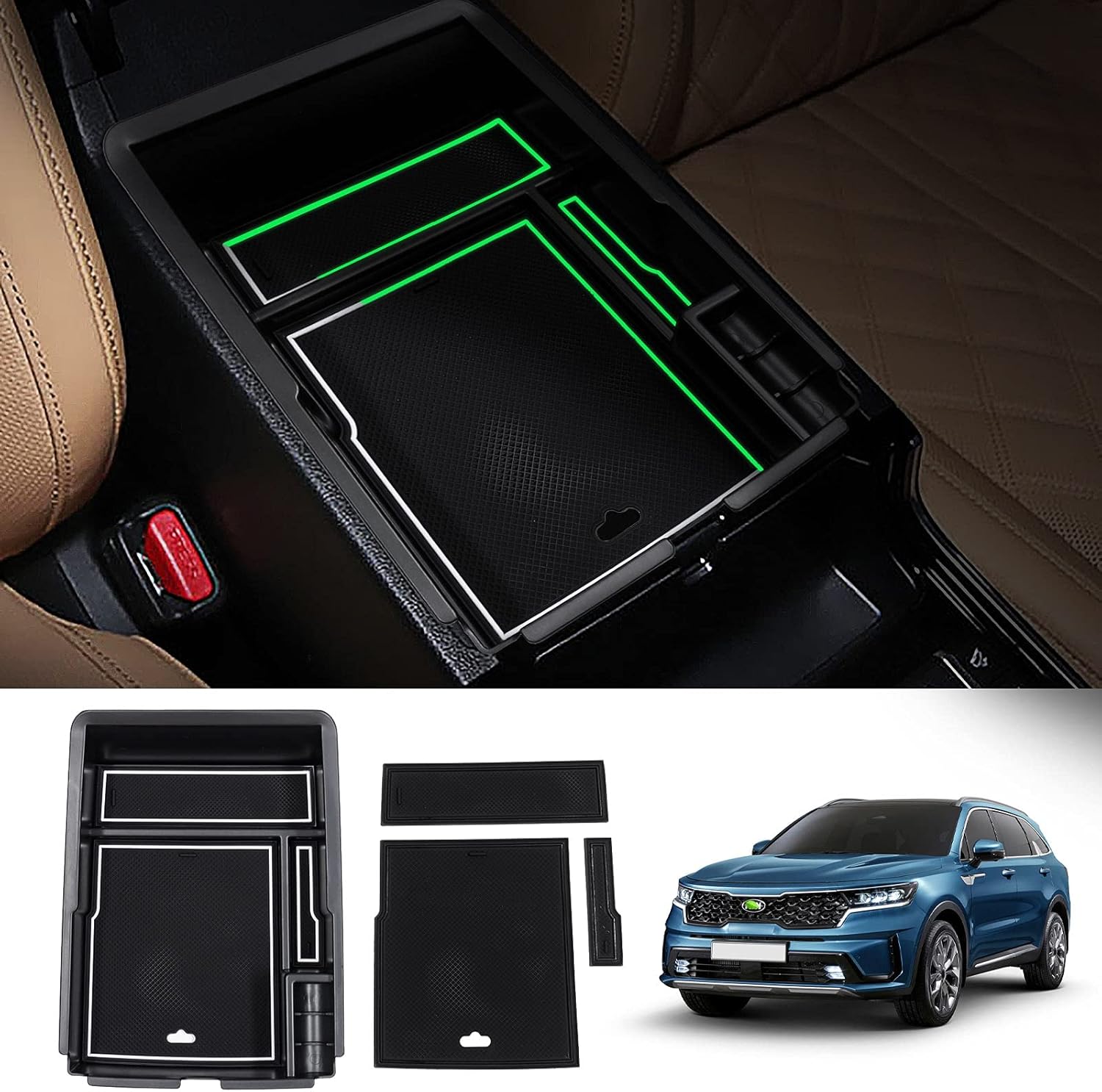 Autorder Custom Fit for Center Console Organizer Kia Sorento MQ4 2021 2022 Accessories Armrest Box Storage Box Insert Tray with 2 Colors Mats（1PC Fluorescent Mat + 1PC Solid Black Mat）