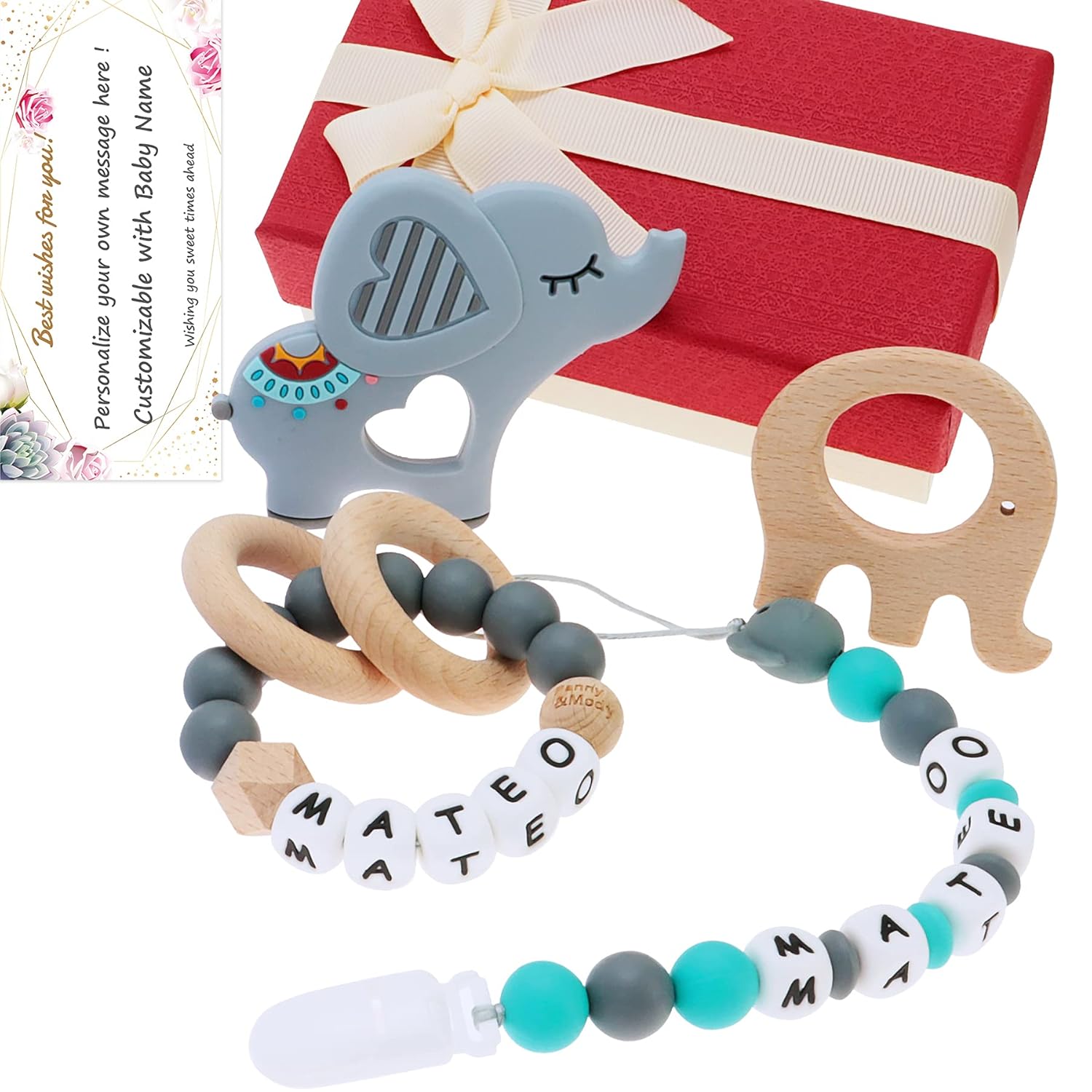 Personalized Baby Gift Set Teething Toys with Name, 4 in 1 Customizable Teethers, Customized Pacifier Clip, Custom Rattle, Elephant Teether for Baby Shower with Gift Packing Box & Gift Message(Pink)