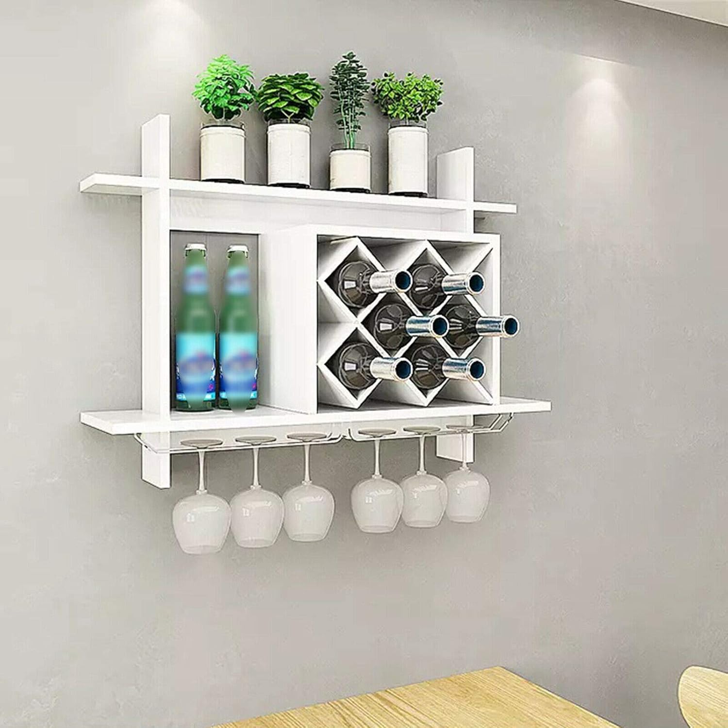Wine Bottle Rack Cabinet Storage Shelves with Glass Holder Wall Mounted White