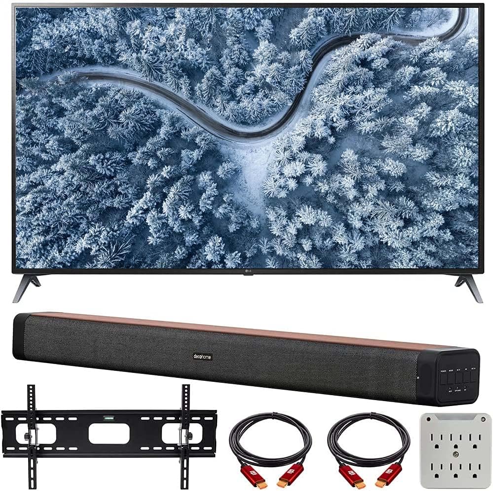 LG 70UP7070PUE 70 Inch LED 4K UHD Smart webOS TV (2021 Model) Bundle with Deco Home 60W 2.0 Channel Soundbar, 37-100 inch TV Wall Mount Bracket Bundle and 6-Outlet Surge Adapter