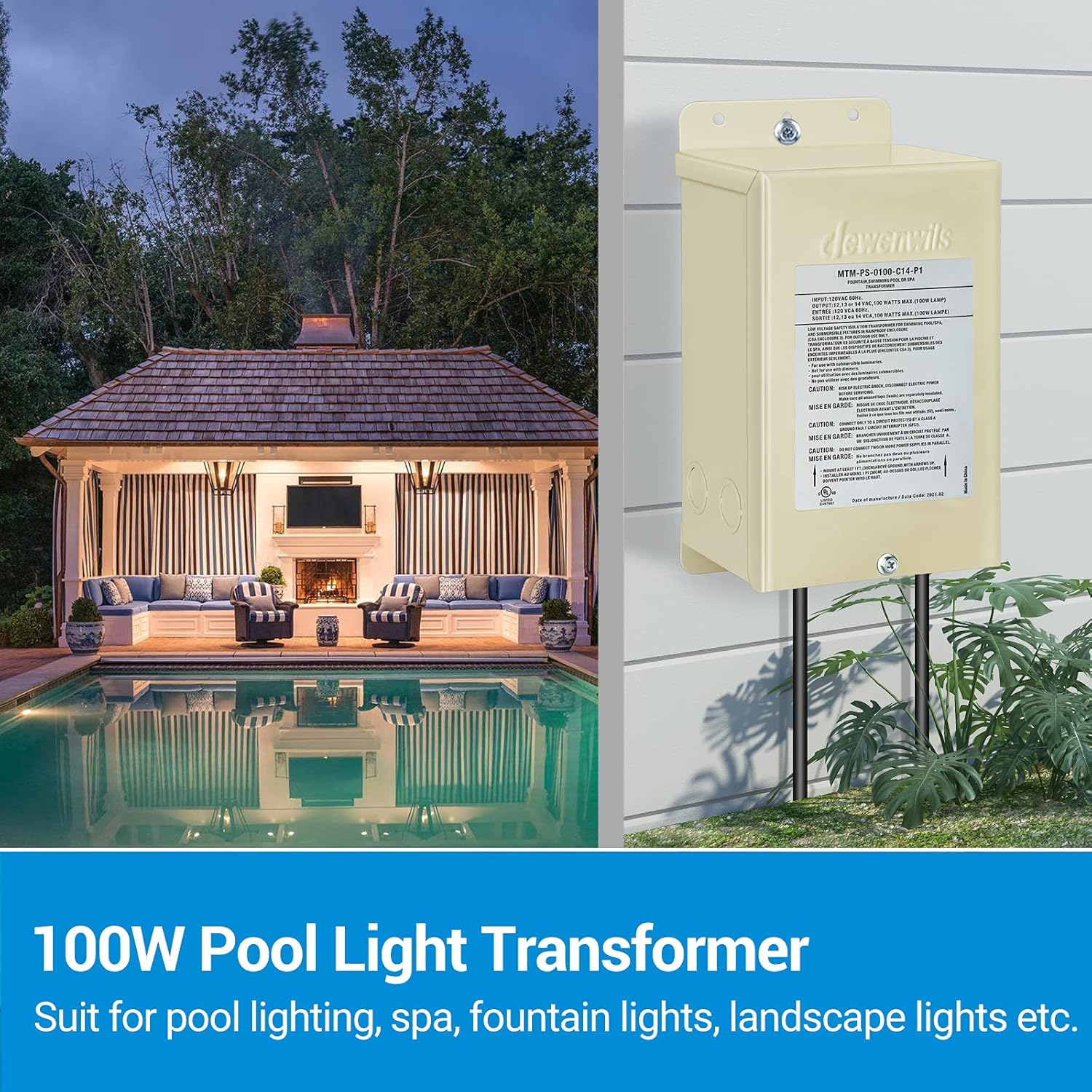 DEWENWILS 100W Pool Light Transformer, 120V AC to 12V/13V/14V AC, Multi-tap Low Voltage Transformer for Swimming Pool Lighting, Spa, Landscape & Fountain Lights, Outdoor Lighting Products, UL Listed