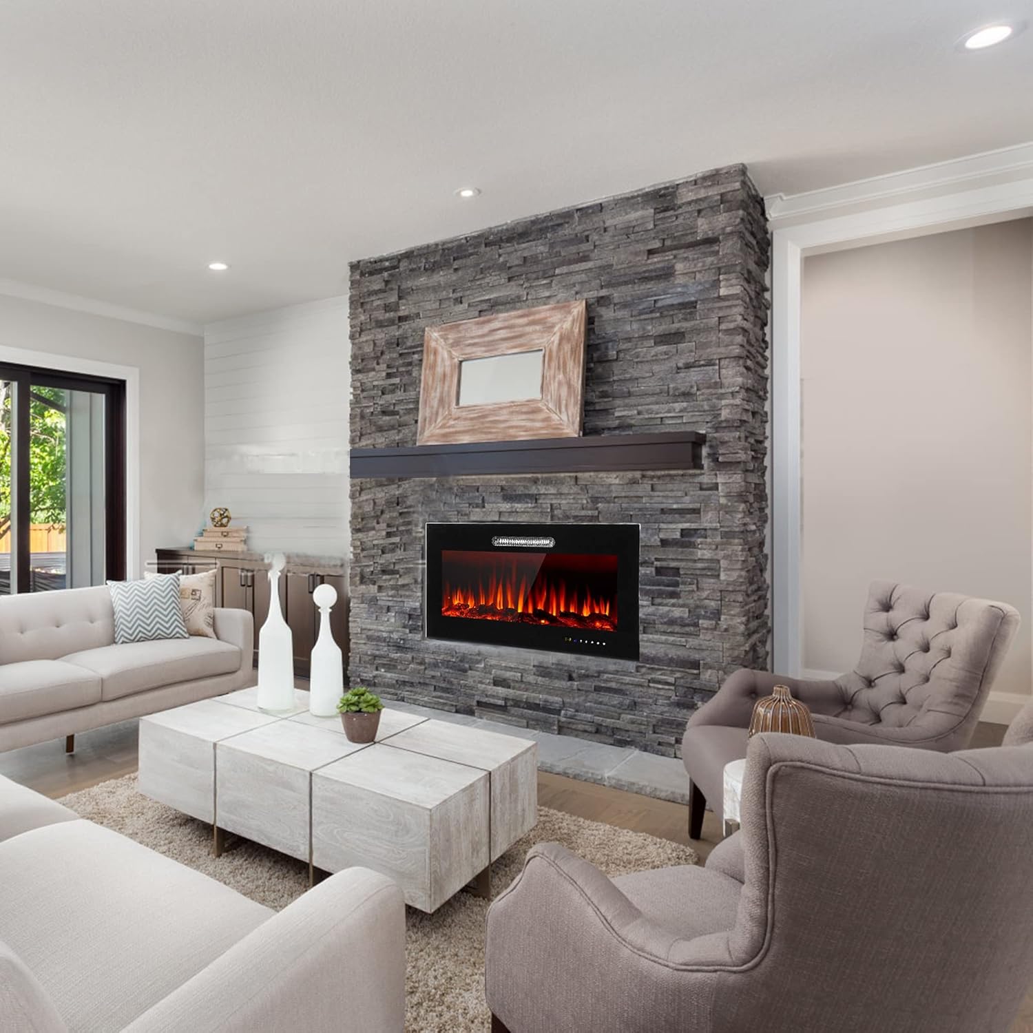 windaze 36 inch Recessed and Wall Mounted Electric Fireplace Heater,with Timer, Remote Control,9 Flame Color,750w/1500w, Black