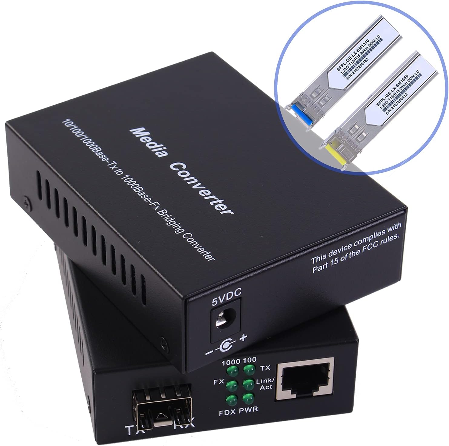 A Pair of 1.25G Gigabit Ethernet Fiber Media Converters with SFP LC Single Core Transceiver Module, Single-Mode LC, SMF RJ45 to SFP Slot up to 30KM, 10/100/1000Base-Tx to 1000Base-SX (2 Pack) Pack of 2