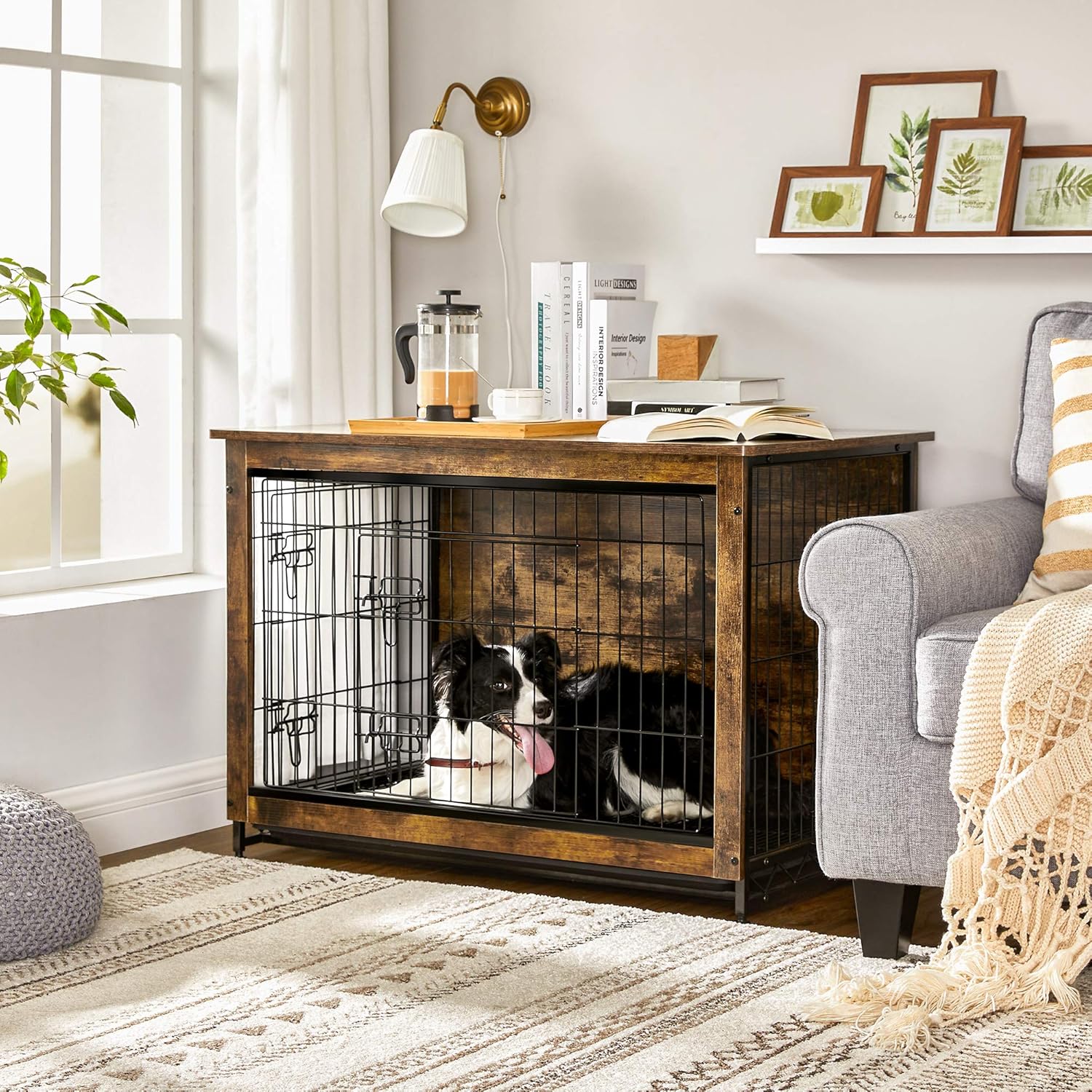 FEANDREA Wooden Dog Crate, Indoor Pet Crate End Table, Dog Furniture with Removable Tray, Rustic Brown and Black