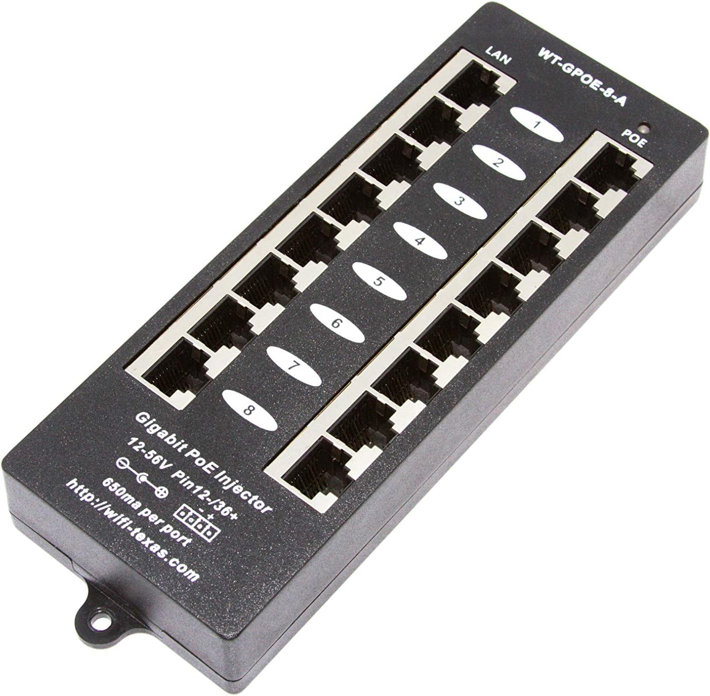 PoE Texas - 8 Port Gigabit Passive PoE Injector with 48V 120W UL Power Supply - Compatible with 802.3af Devices Like PoE Cameras, VoIP Phones, WiFi Access Points and More