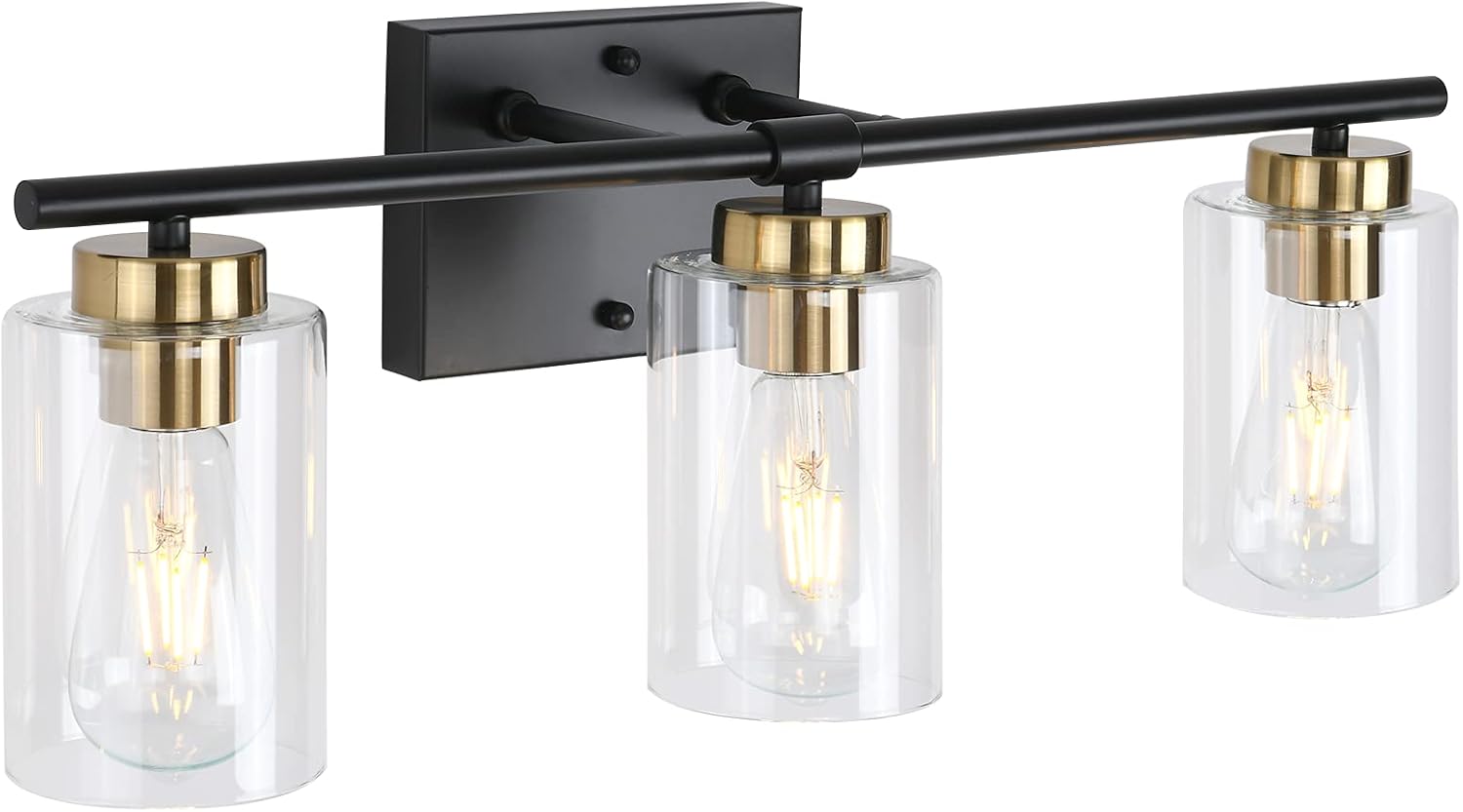 KOSTOMO 3 Lights Sconces Black and Brass Wall Lighting Brass Contemporary Bathroom Vanity Light Fixtures Wall Lights Bedroom Porch Living Room Kitchen with Clear Glass Shade