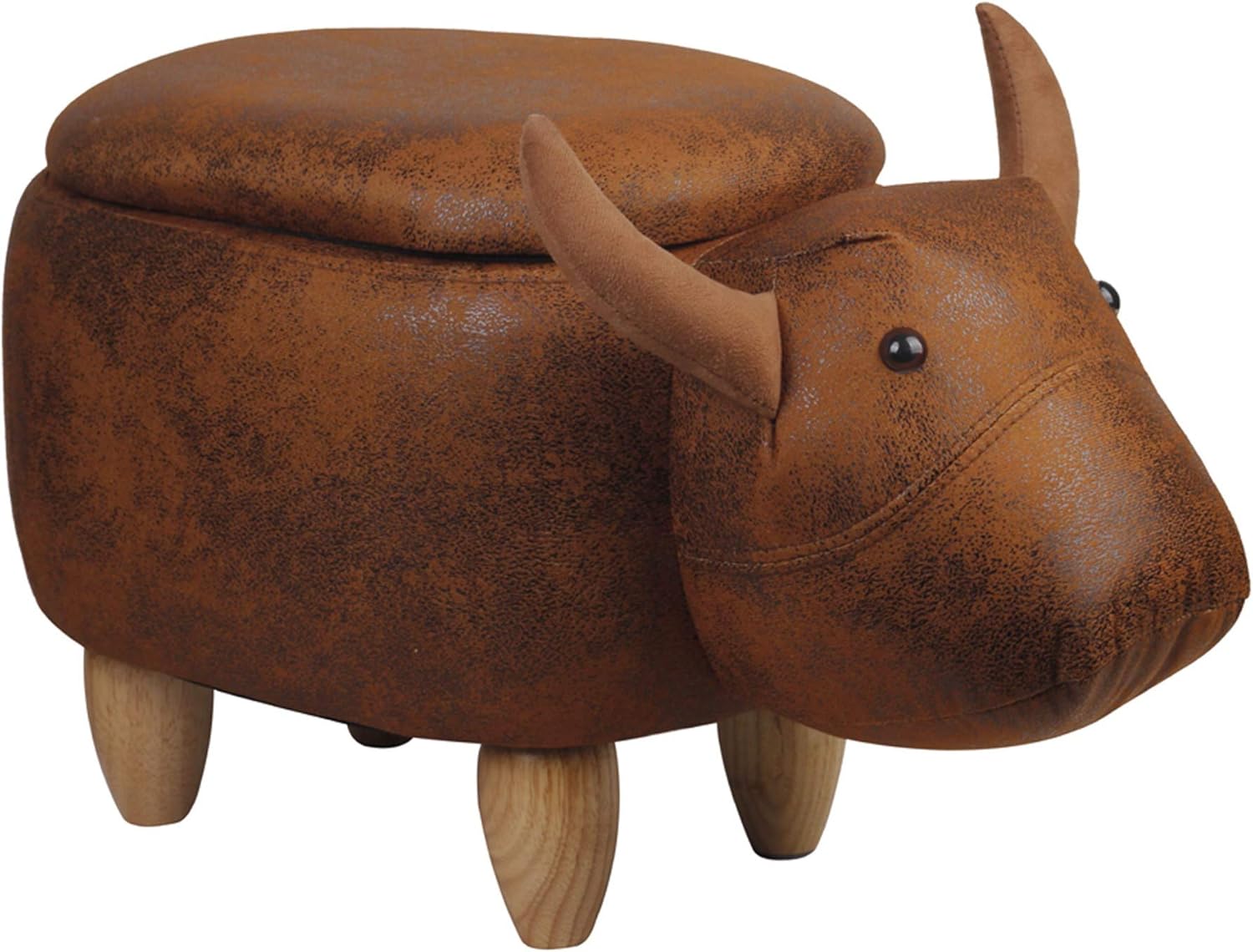 Brown Buffalo Cow Animal Ottoman Storage with Wooden Legs,Faux Leather Footrest/Foot Stool for Kids Bedroom Playroom Living Room-Décor Ottoman Pack of 2