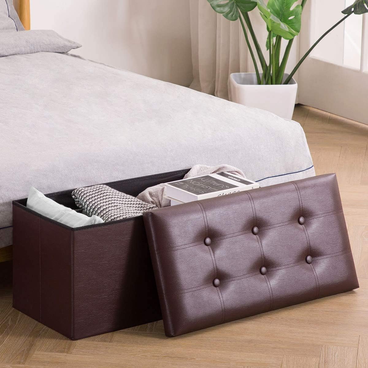 YAZOOSTORE Folding Storage Ottoman Bench, Faux Leather Footrest for Living Room, End of Bed Bench with Padded Seat, Holds up to 350lbs - Brown Pack of 2