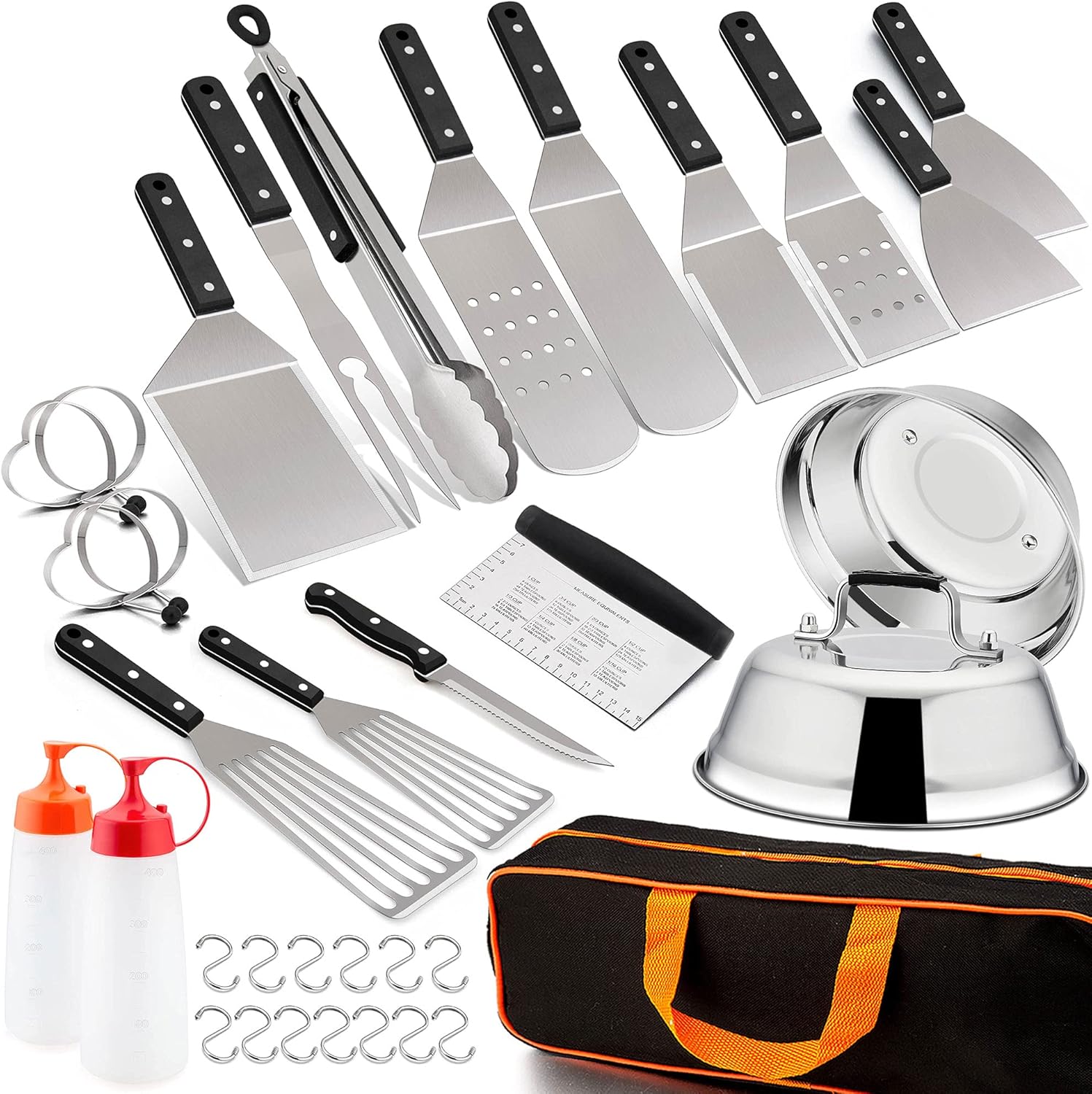 Leonyo Griddle Accessories 22 PCS, Heavy Duty Stainless Steel Grill Griddle Metal Spatula for Cast Iron Flat Top Teppanyaki Hibachi Burger Cooking, Carry Bag, Chef Gift, Melting Dome, Dishwasher Safe