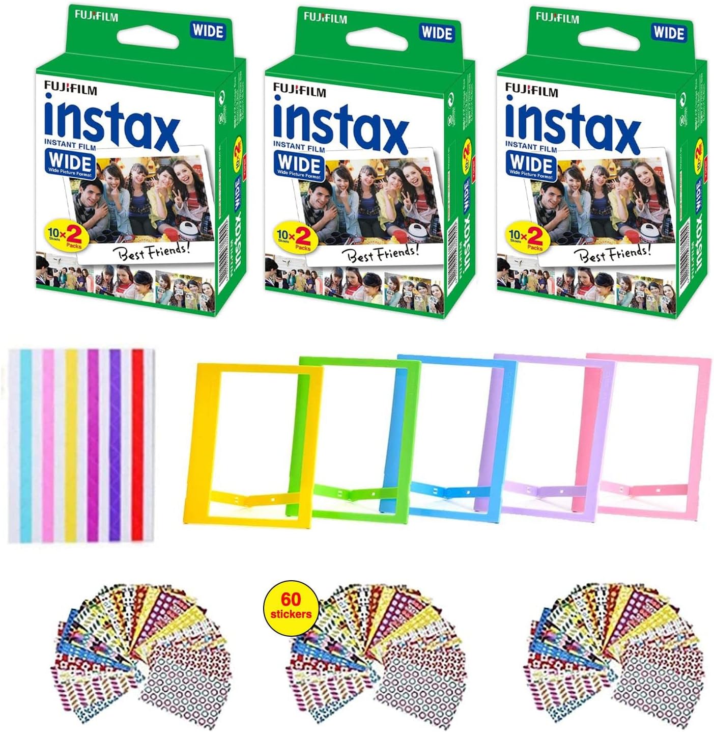 Fujifilm Instax Wide Instant Film (3 Pack, 60 Sheets) 5 Plastic Desk Frames + 60 Sticker Frames + 1 Pack Corner Stickers Pack of 2