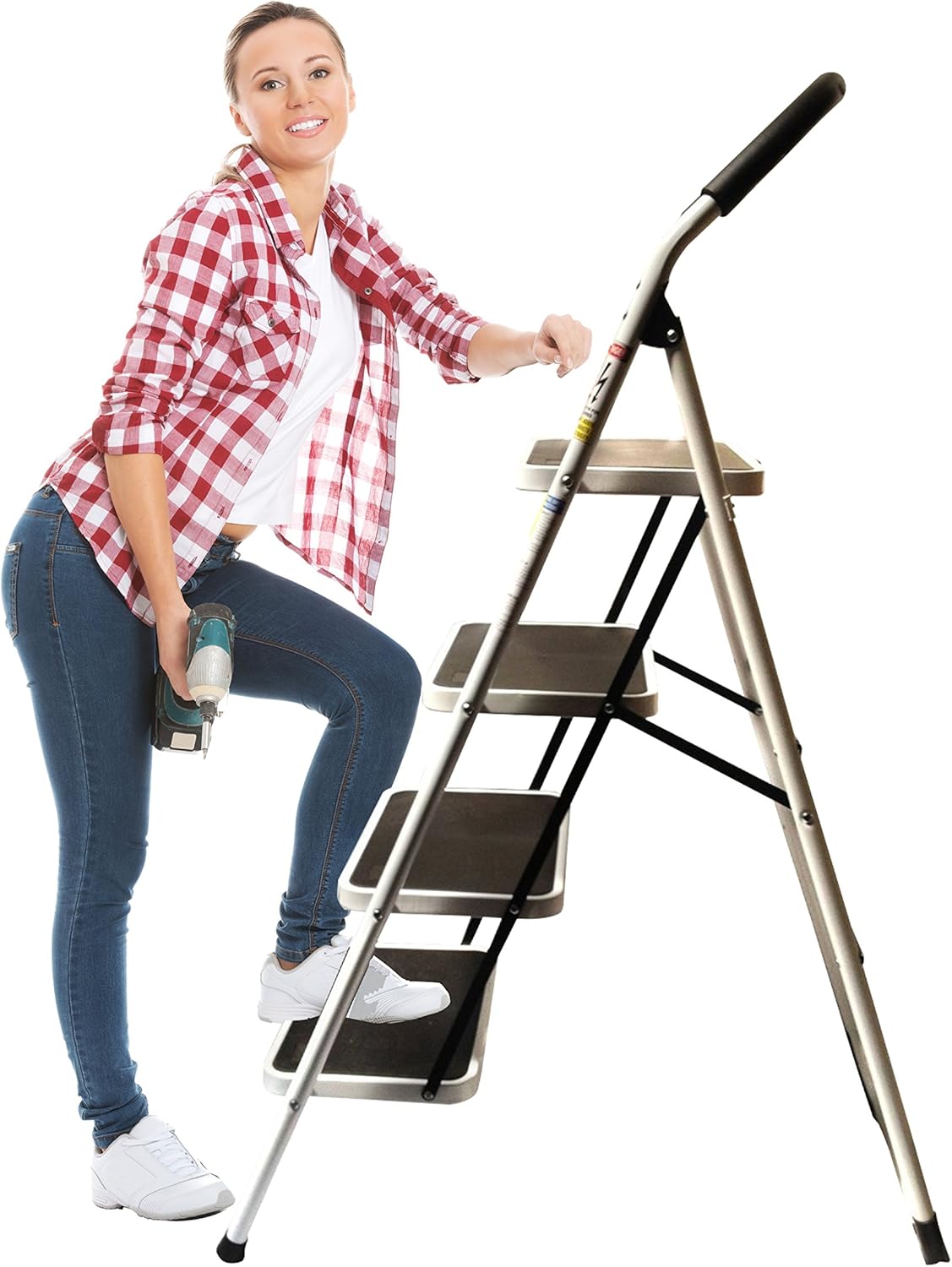 LavoHome 330lbs Upper Reach Reinforced Metal Folding Step-Ladder Stool Household Kitchen Stool Folds for Easy Storage (4 Step) Pack of 2