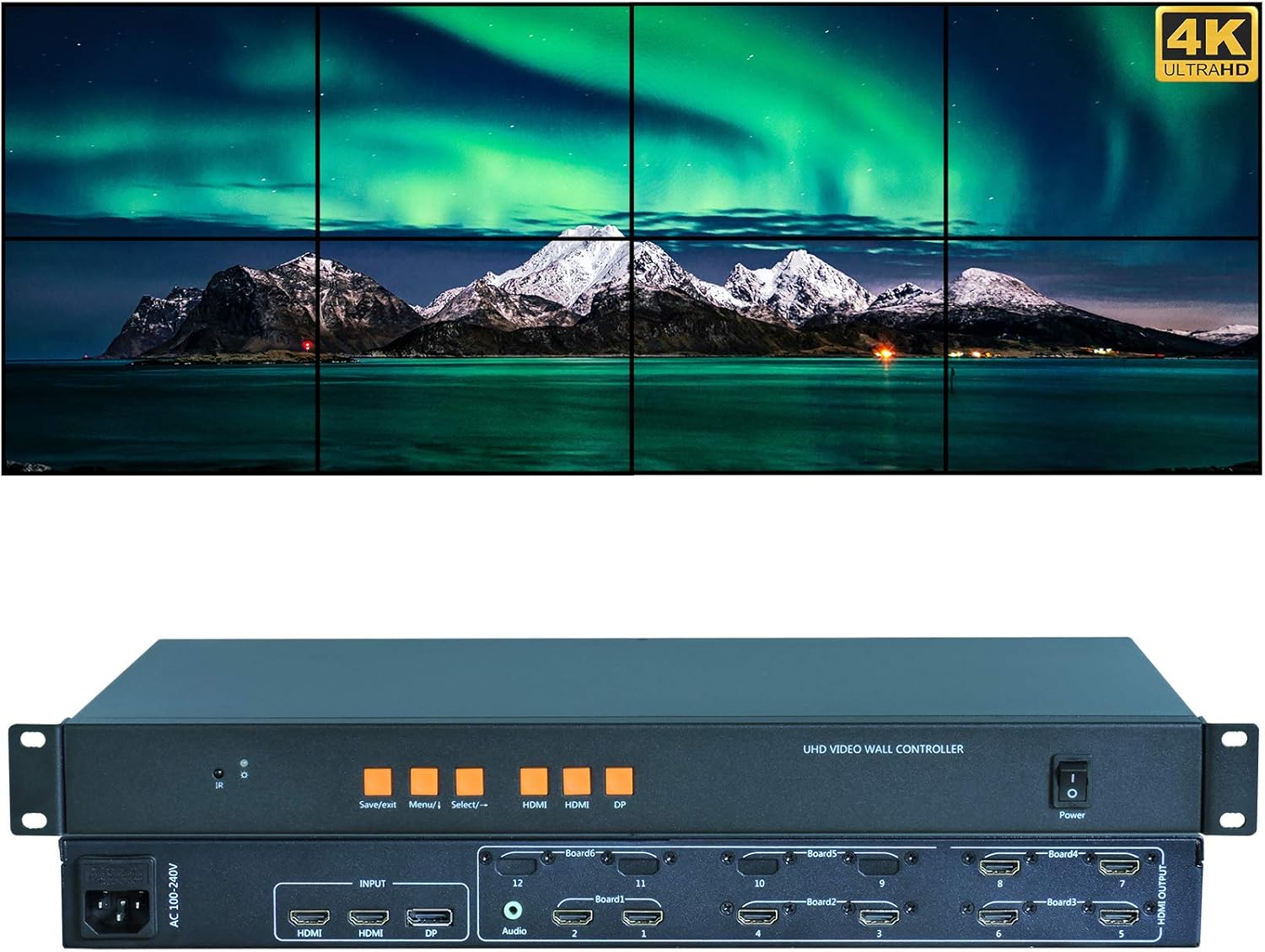 DEFACE Video Wall Controller 4K 3840x2160@60Hz HDMI 2.0, HDMI 1.4, DP1.2 Inputs with 8 HDMI Outputs for TV Splicing, Support 4x2,4x1,2x3,2x4,1x8 Display and 180 Degree Rotate