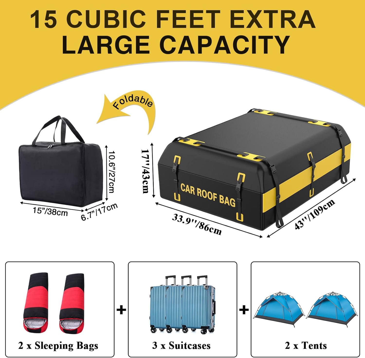 Car Roof Bag, 15 Cubic Feet Rooftop Cargo Carrier for All Vehicle with/Without Racks, Includes 1x Anti-Slip Mat, 6 x Door Hooks, 1x Storage Bag, 100% Waterproof Excellent Military Quality Carrier Bag