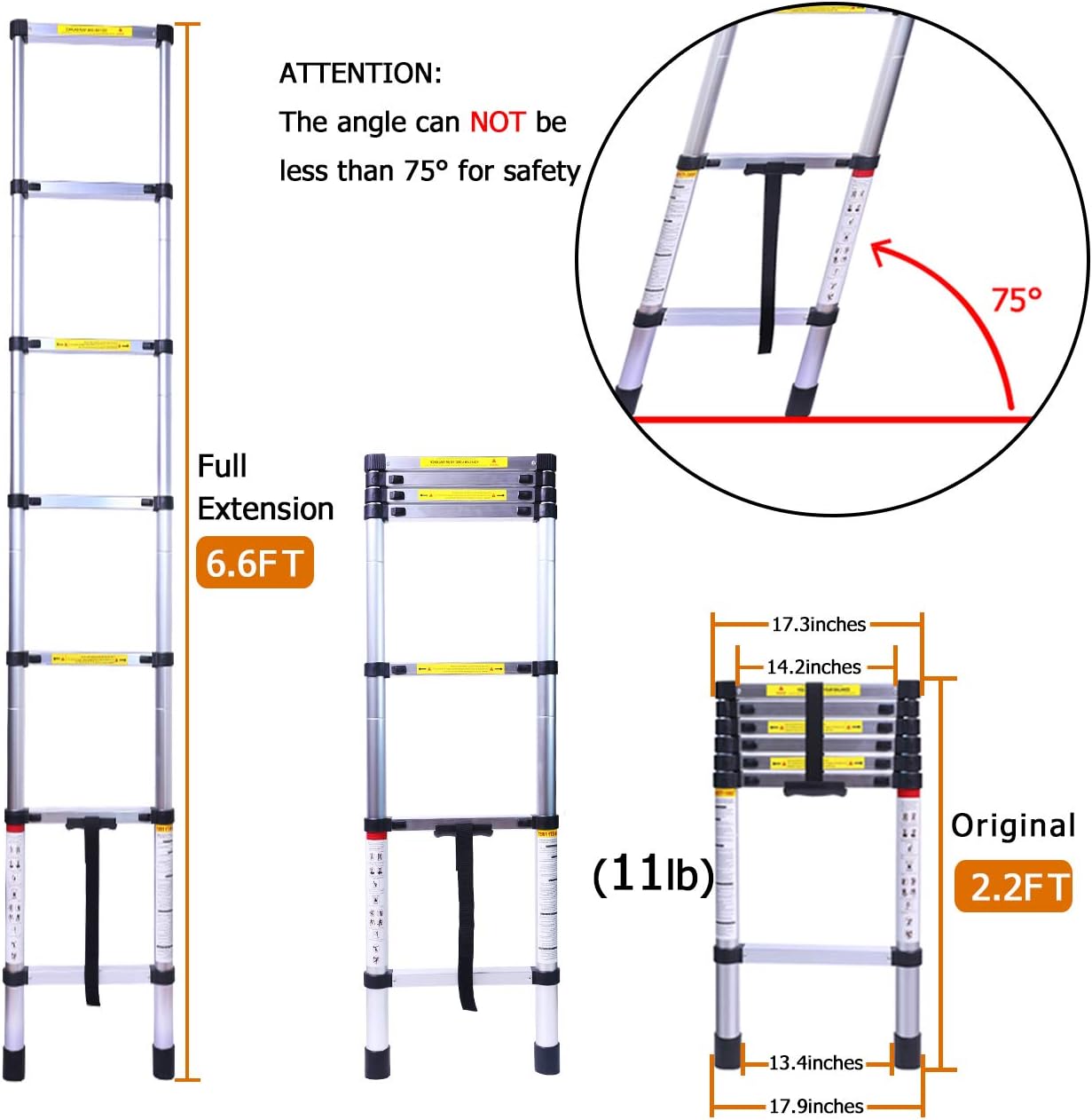 6.6FT Telescoping Ladder, Lightweight Collapsible Ladders, Aluminum Retractable Ladder, Folding Extension Ladders for RV, Loft, Attic, Home, 330LB Capacity