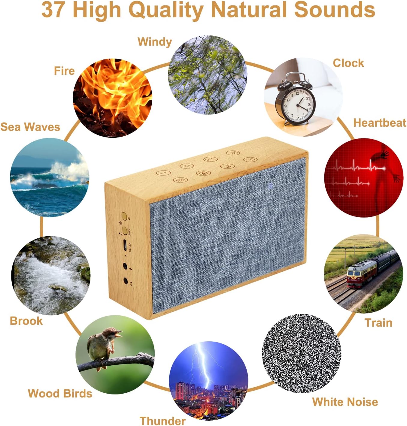 Houselyla White Noise Machine, Wooden Sleep Sound Machine HD Stereo Dual Speakers and Bass with 37 Non Looping Soothing Timer and Memory Function Sleep Sounds Therapy for Baby Kids Adults