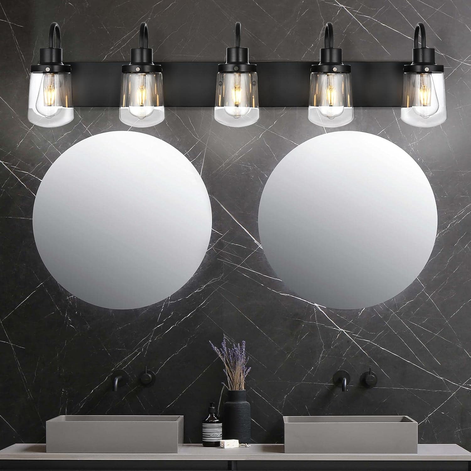 YAOHONG Modern Bathroom Vanity Light 5-Light Lamp in Black, Farmhouse Wall Light Fixture with Clear Glass Shades,Indoor Wall Lamp
