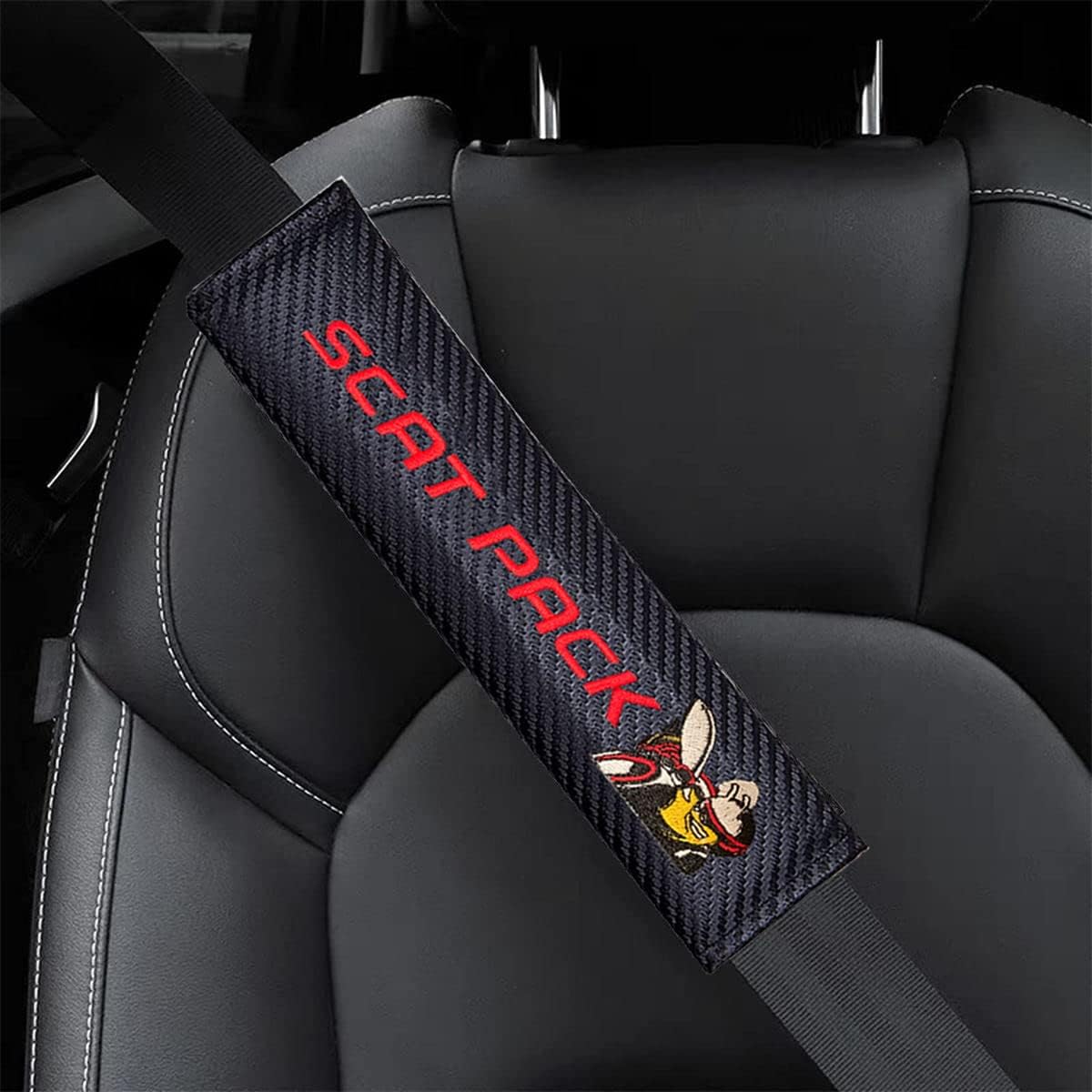 Seat Belt Covers for Dodge Scat Pack Charger Challenger - 2 Pcs Black Carbon Fiber Car Seatbelt Shoulder Strap Pads Safety Belt Covers Protective Sleeves with Printed Car Logo