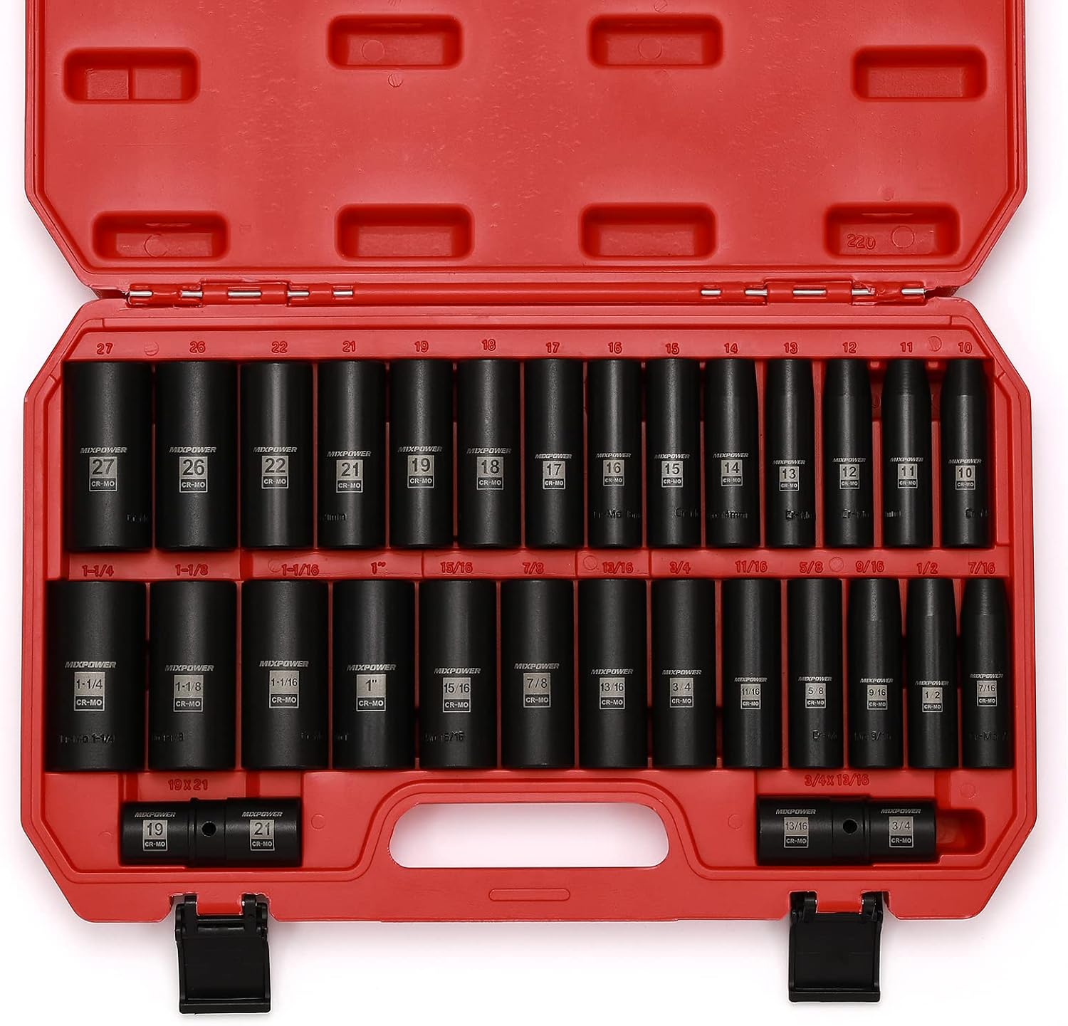 MIXPOWER 1/2-Inch Deep Impact Socket Set, Cr-Mo Steel, 29 Pieces Set, Metric & SAE, 10-27mm, 7/8