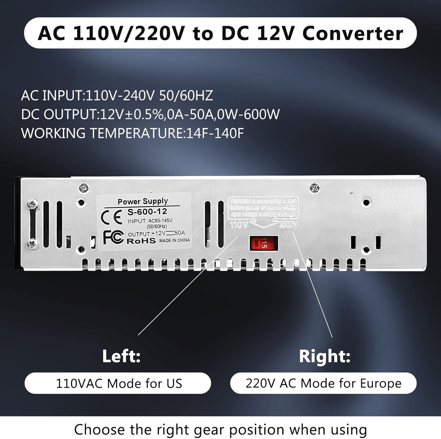 EXCELFU SMPS 110V AC to 12V DC Converter Power Supply Adapter Switch Transformer with On/Off Switch, Max 50A 600W (Upgraded Version)
