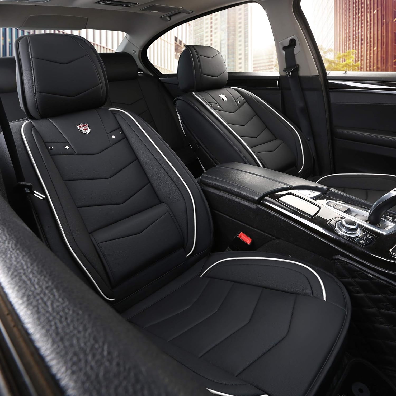 INCH EMPIRE 2 Front Car Seat Cover Water proof with Built-in Lumbar Support Fit for Accord Legacy Outback WRX Crosstrek Hybrid Tacoma FJ Cruiser RAV4 Corolla Matrix Venza Avalon (2 Front Black&White)