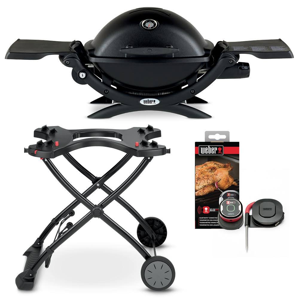 Weber Q 1200 1-Burner Portable Propane Gas Grill Combo in Black with Rolling Cart and iGrill Mini