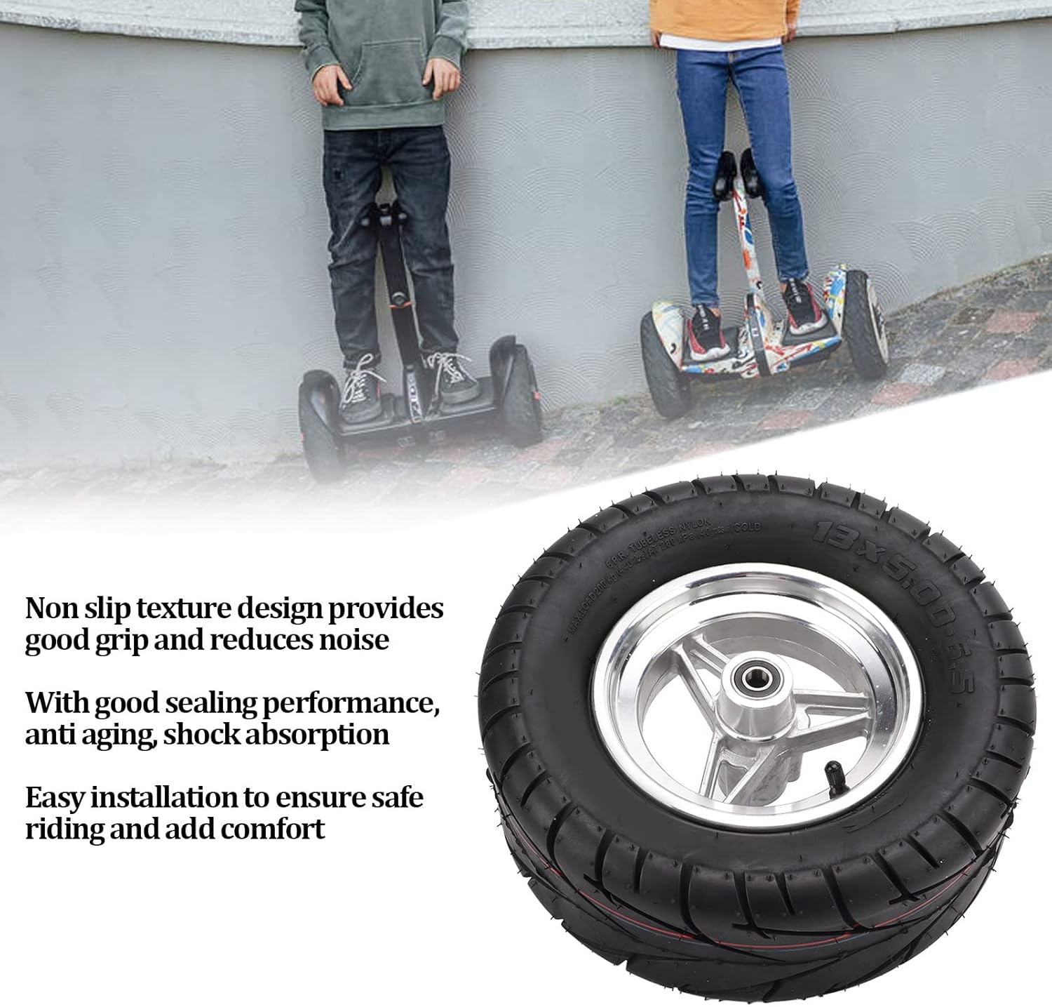 Dilwe Tire, 13X5.00‑6.5 Rubber Tire with Stainless Steel Hub Electric Scooter Thicken Vacuum Tyre Accessory