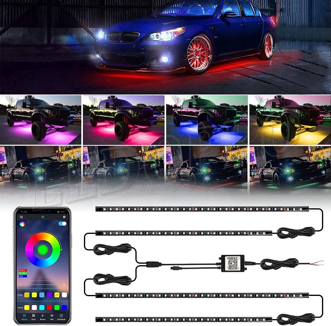 LEDOPPO Car Underglow Lights 4PCS APP Bluetooth Control Underbody Led Strip Lights for Cars DC 12V 16 Million 8 Colors RGB Exterior Led Neon Accent Light Kit Waterproof for Trucks SUV