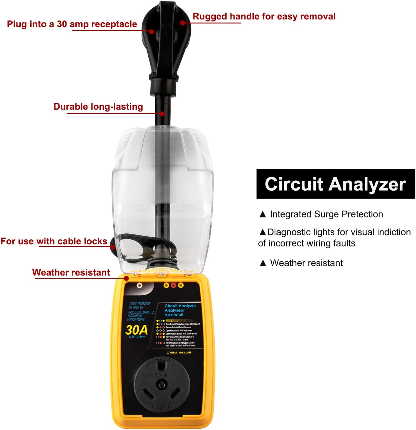 PRUNkuar 30amp Surge RV Protector, 30 amp Surge Protector for RV with Waterproof Cover and LED Indicator with Extension Cord and Easy to Use Handles Pack of 2