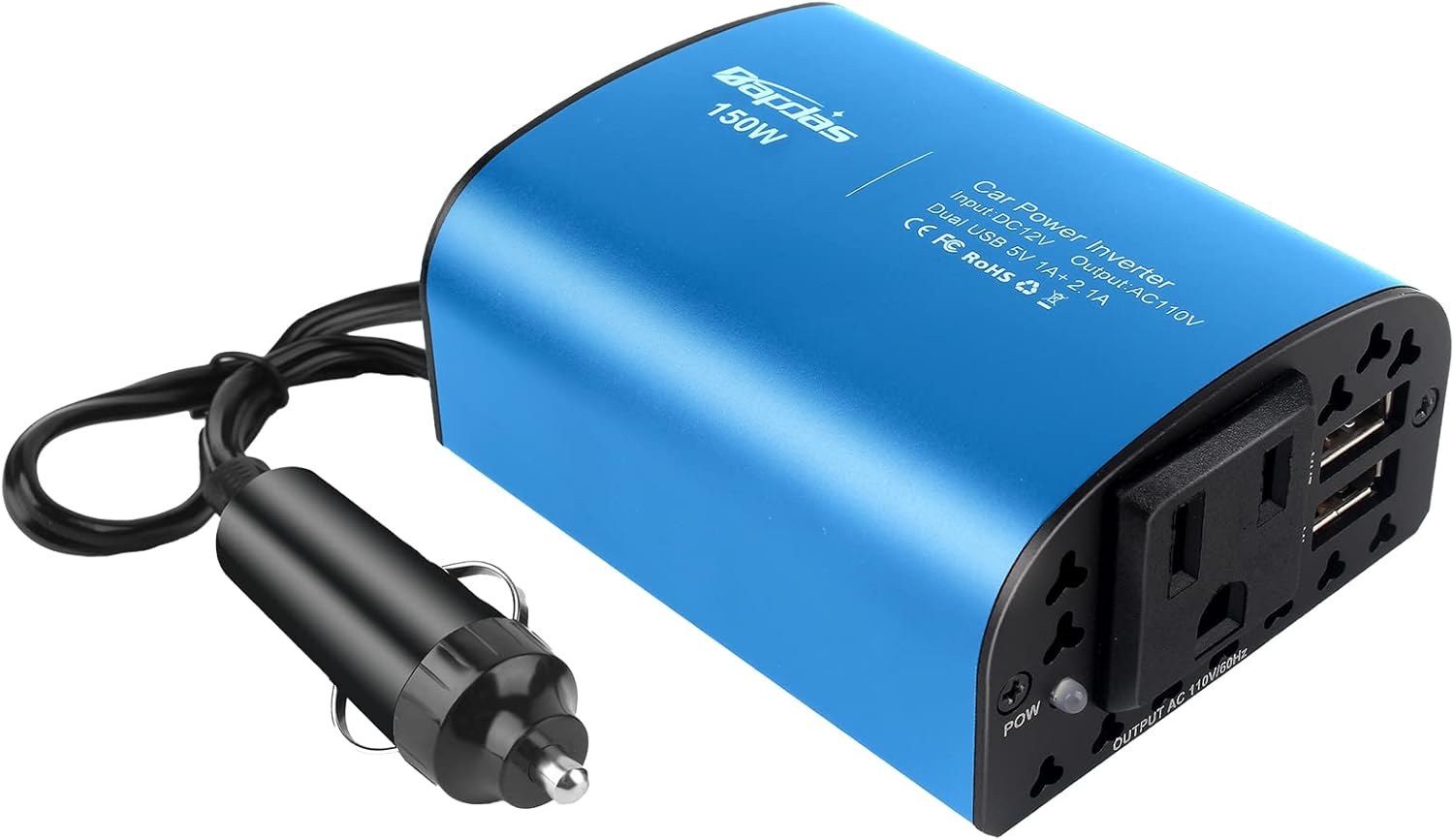 Bapdas 150W Car Power Inverter DC 12V to 110V AC Car Converter&nbsp;2 USB Ports Car Charger Adapter for Plug Outlet New Model (Blue)