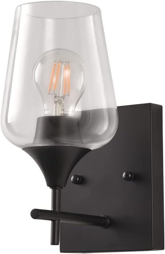 Bomilite Vanity Light for Bathroom, Modern Wall Sconce with Matt Black E26 Socket Wall Light with Clear Glass Shade for Living Room