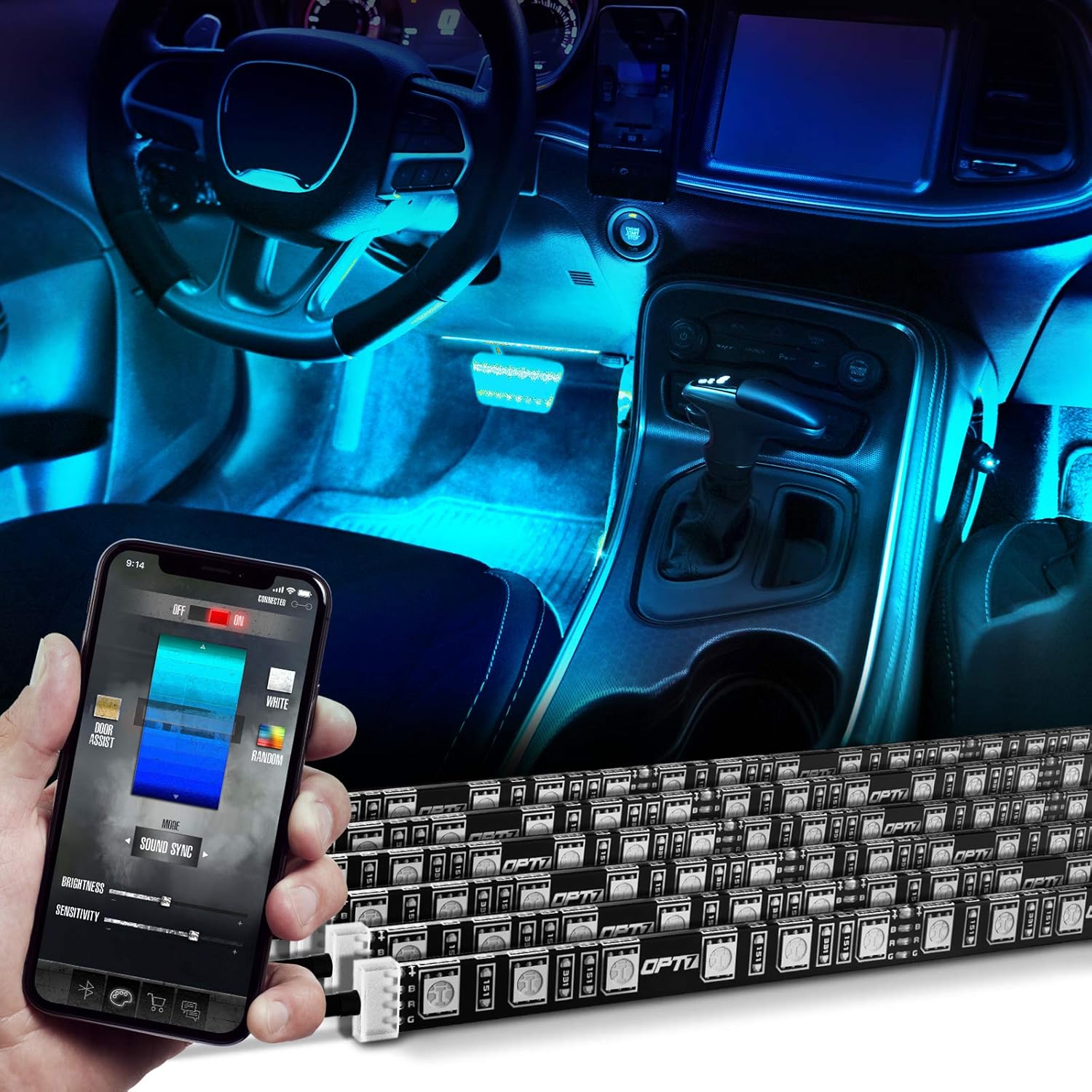 OPT7 Aura PRO Car Interior Lighting Kit Bluetooth Smart-Color LED Strip - 4pc - App Enabled- iOS & Android Pack of 2