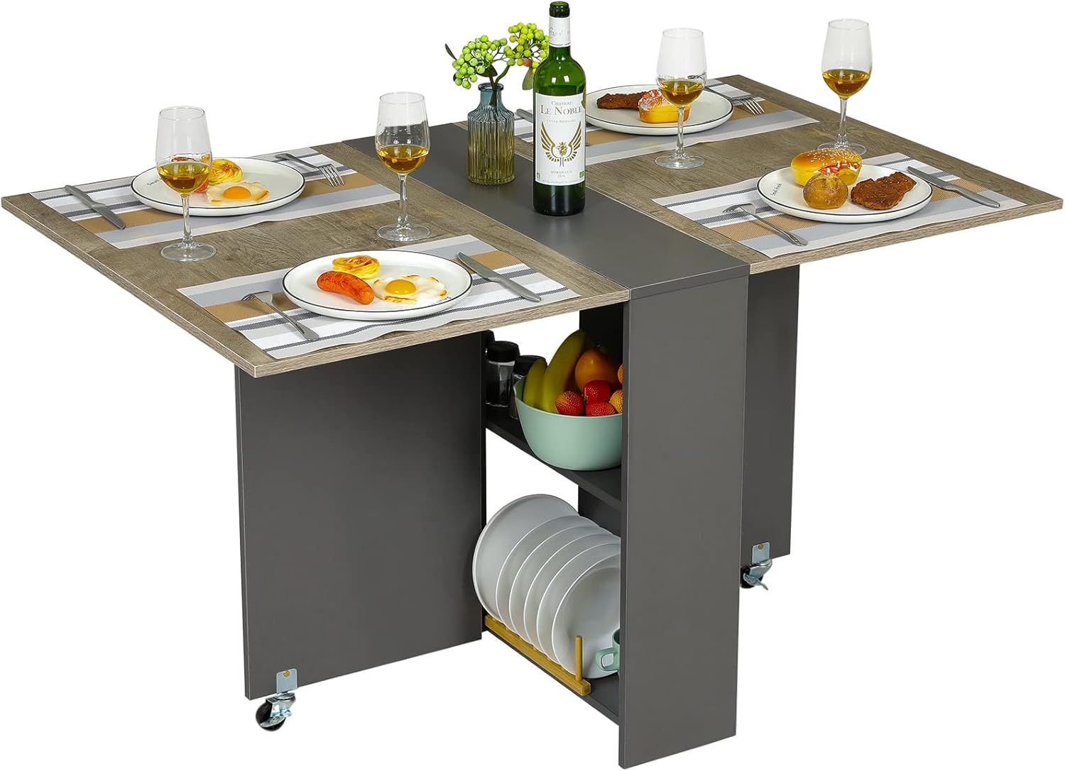 Tiptiper Folding Dining Table, Versatile Dinner Table with 6 Wheels and 2 Storage Racks, Space Saving Kitchen Table Dining Room Table