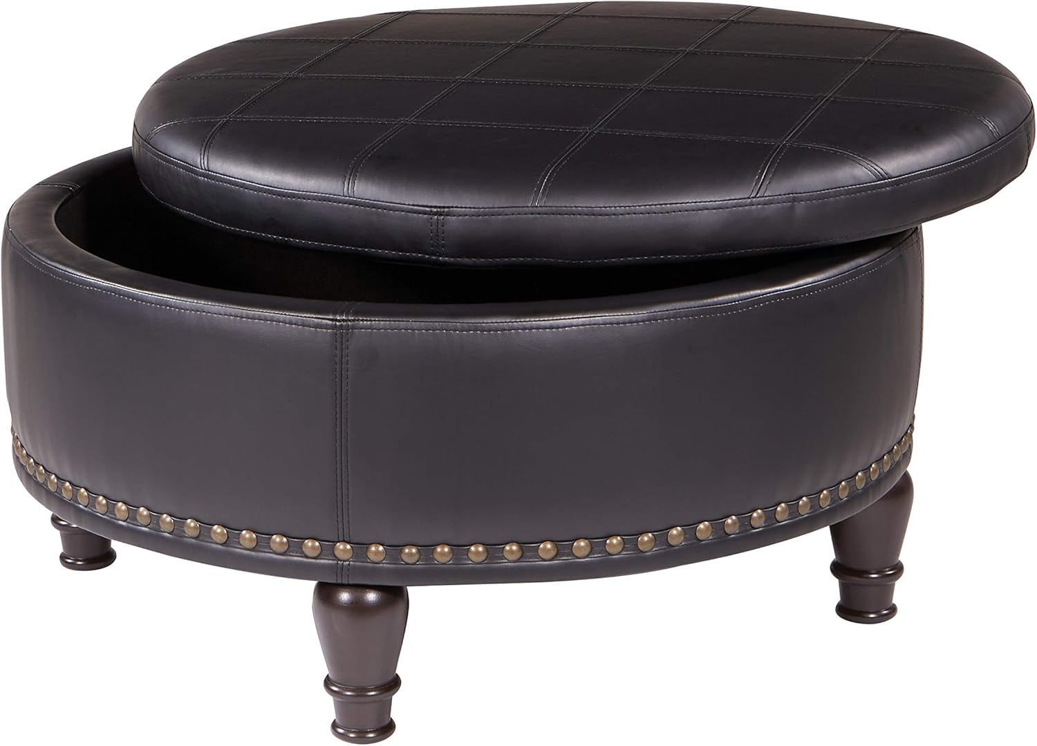 OSP Home Furnishings Augusta Round Storage Ottoman with Decorative Nailheads and Flip Over Lid with Serving Tray Surface, Espresso Faux Leather