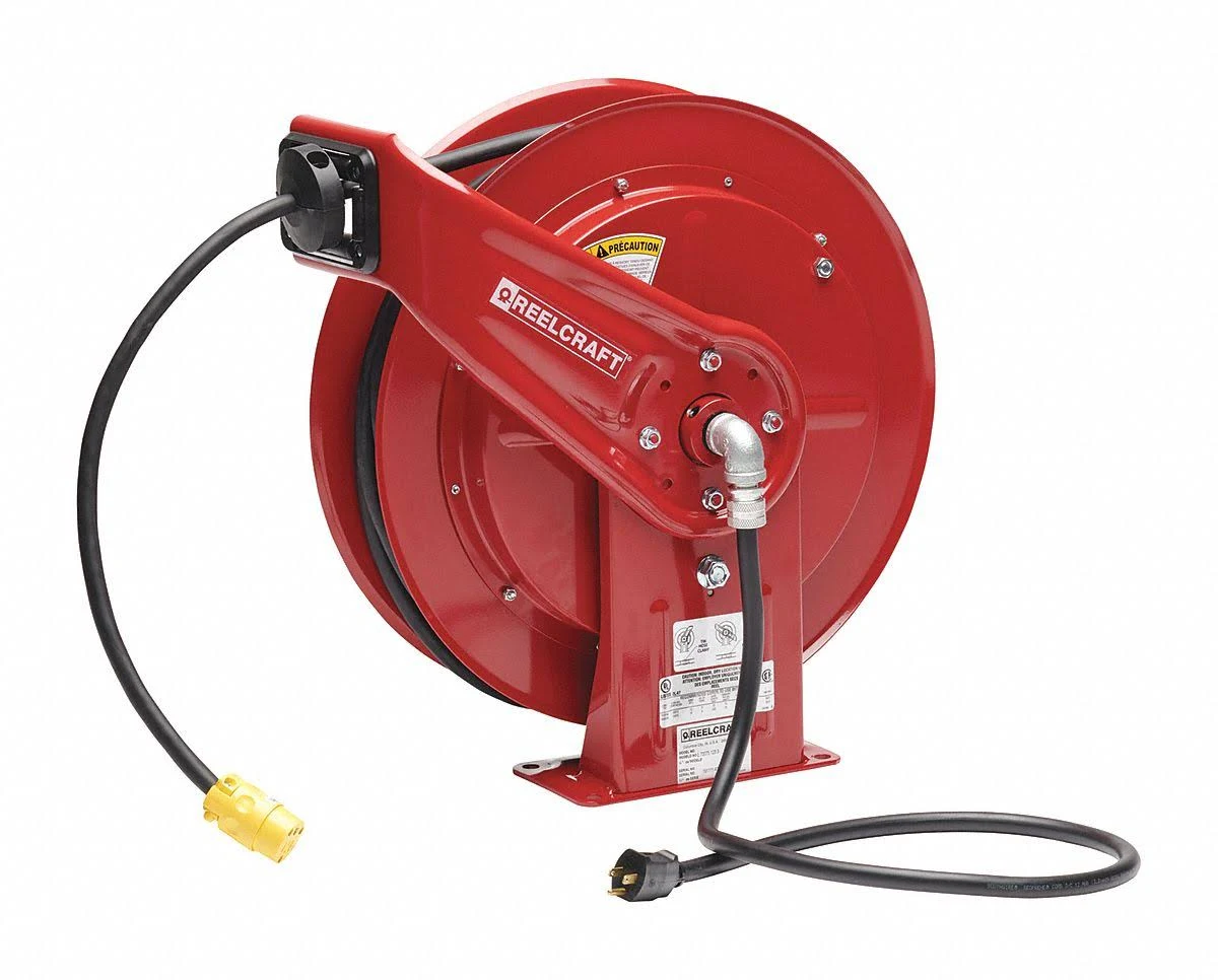 Reelcraft Extension Cord Reel, Spring Retraction, 120V AC, Single Connector, 100 ft, Red Reel Color L 70100 123 3A