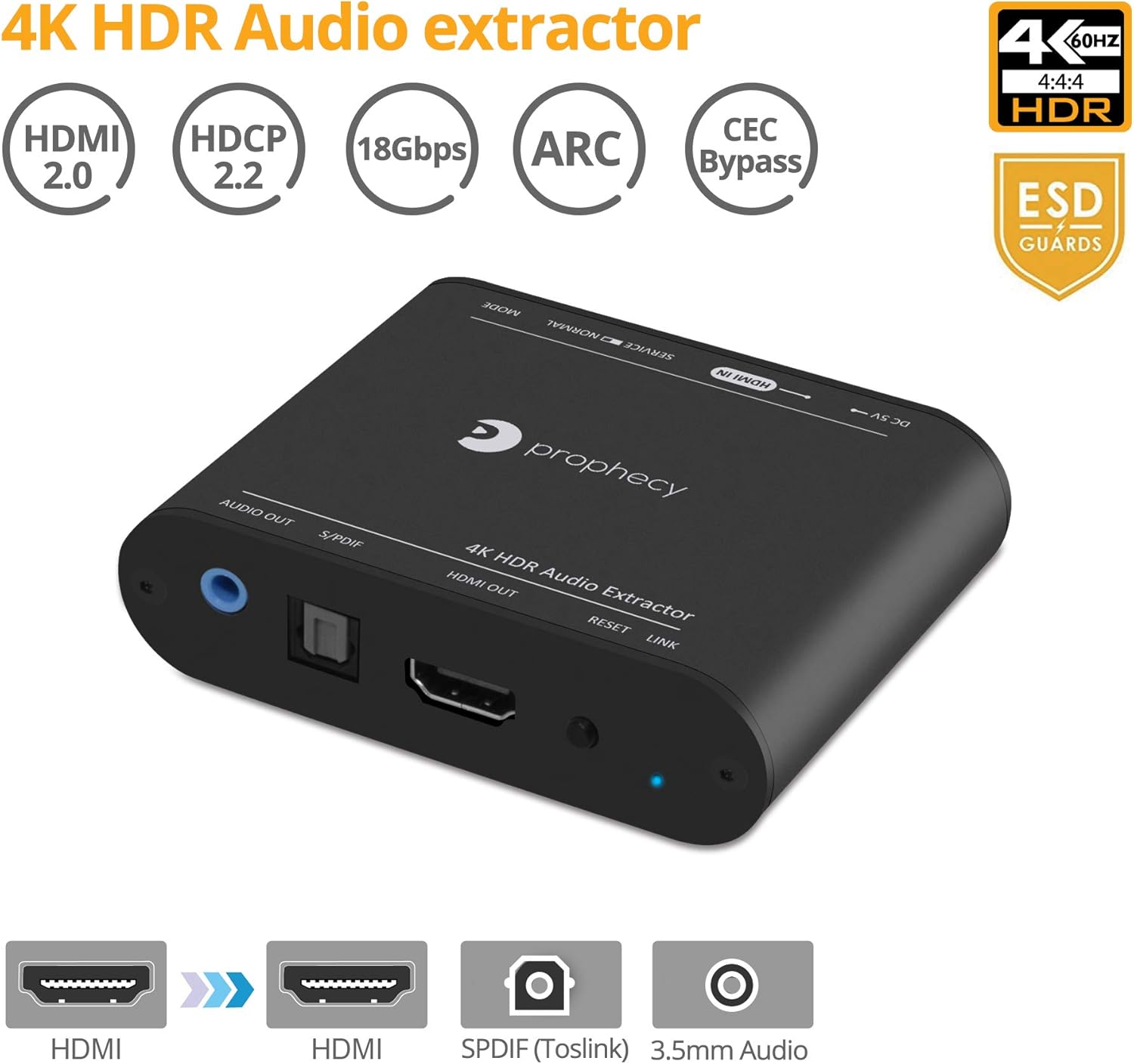 gofanco Prophecy HDMI 2.0 Audio Extractor Converter & Repeater, HDMI to Optical Toslink + 3.5mm Stereo Analog Output &ndash; 4K 60Hz, HDR, HDMI 2.0a, HDCP 2.2, EDID, CEC, ARC, De Embedder, TAA Compliant