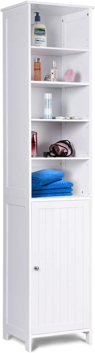 72'' Tall Cabinet, WATERJOY Standing Tall Storage Cabinet, Wooden White Bathroom Cupboard with Door and 5 Adjustable Shelves, Elegant and Space-Saving