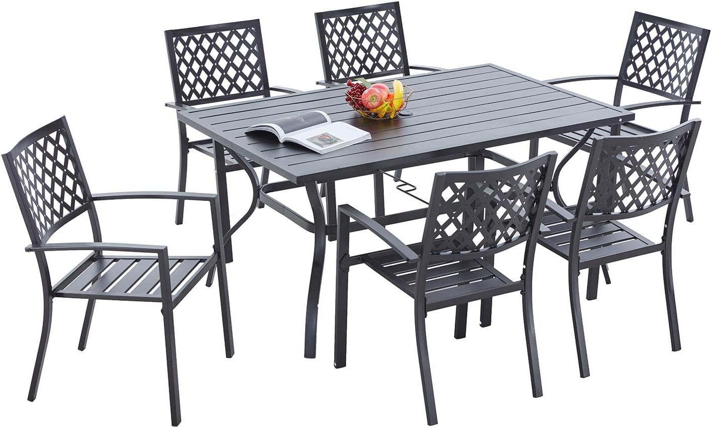 VICLLAX Patio Dining Set, 5 Piece Outdoor Dining Table and Chair Set with Umbrella Hole and 4 Stackable Dining Chairs