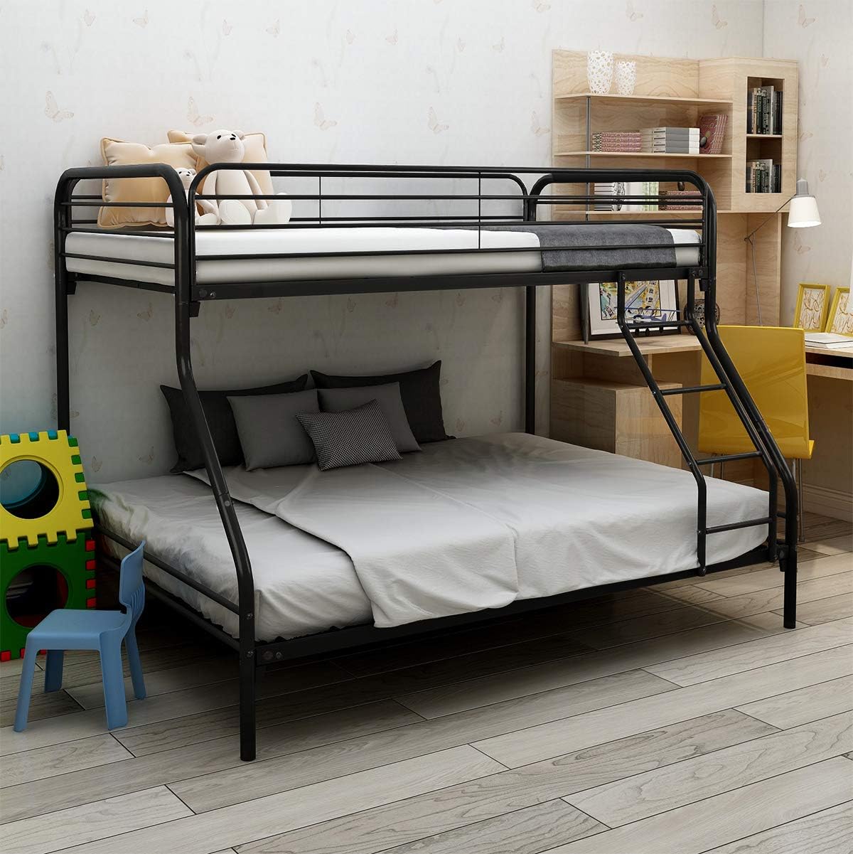 JURMERRY Twin-Over-Full Bunk Bed with Metal Frame and Ladder ,Black