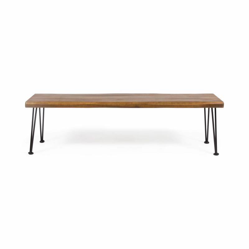 Maddux Outdoor Modern Industrial Acacia Wood Bench with Metal Hairpin Legs, Teak, Rustic Metal