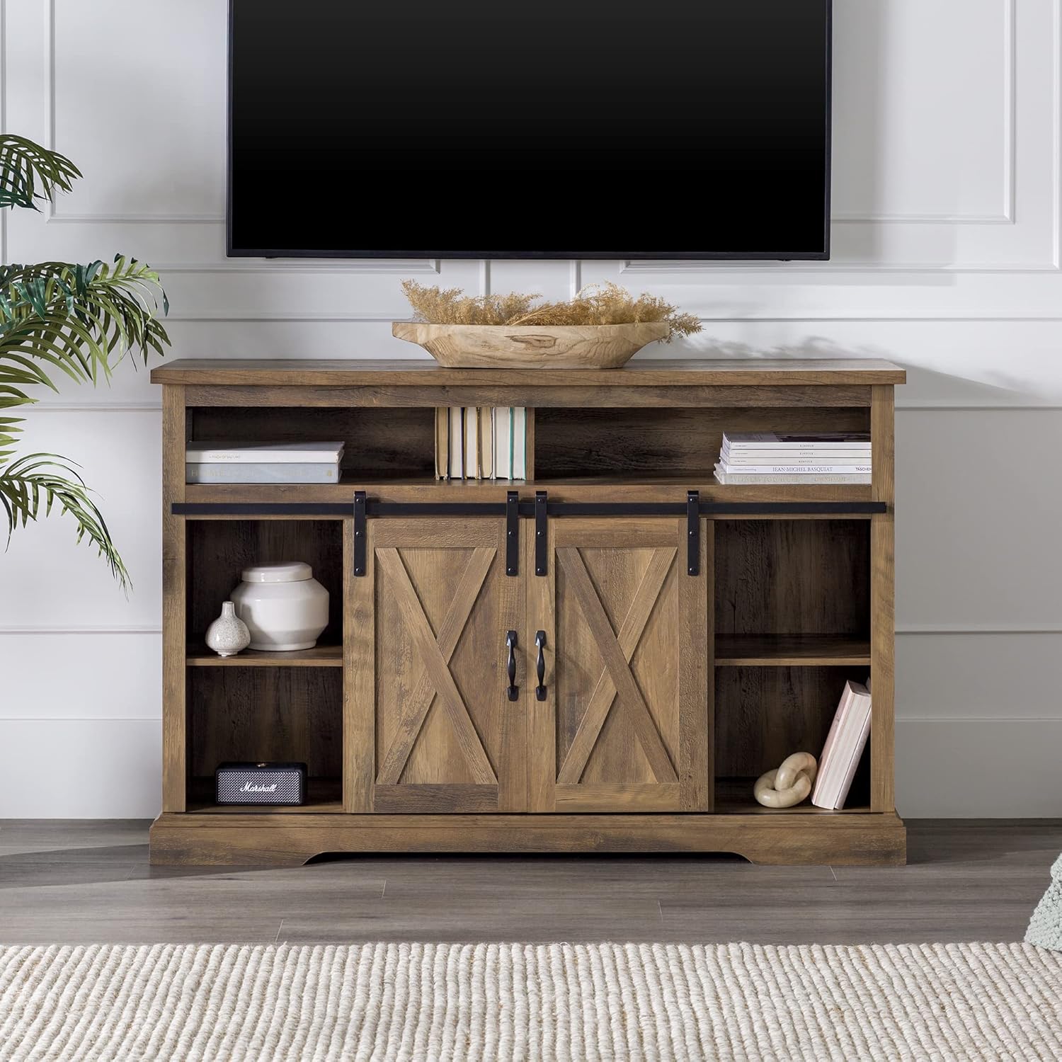 Home Accent Furnishings 52 Inch Highboy Sliding Barn Door TV Console in Rustic Oak