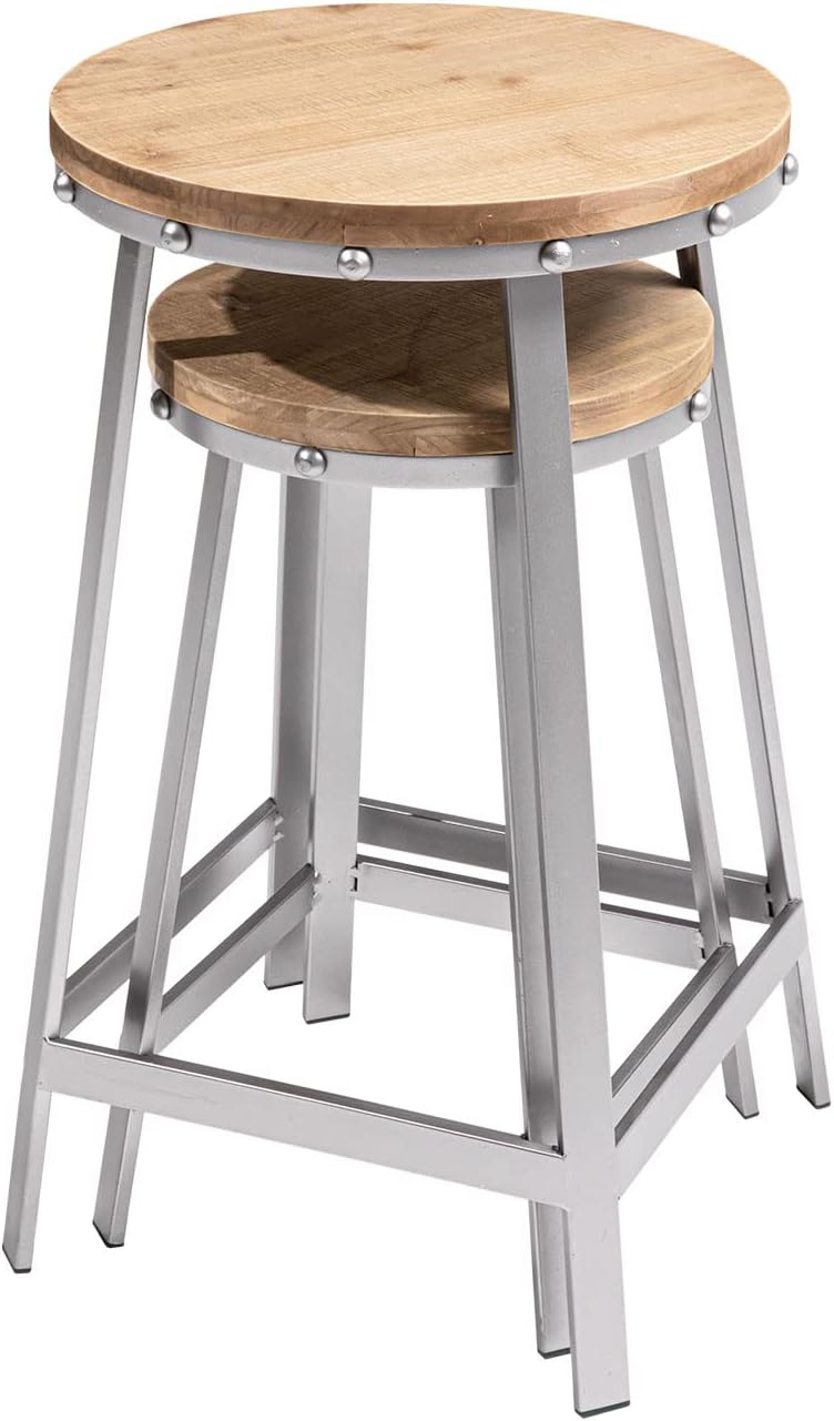 COSIEST Outdoor Stackable Barstools, Round Wooden Top Seat w Welded Steel Frame Set of 2, Backless Stools