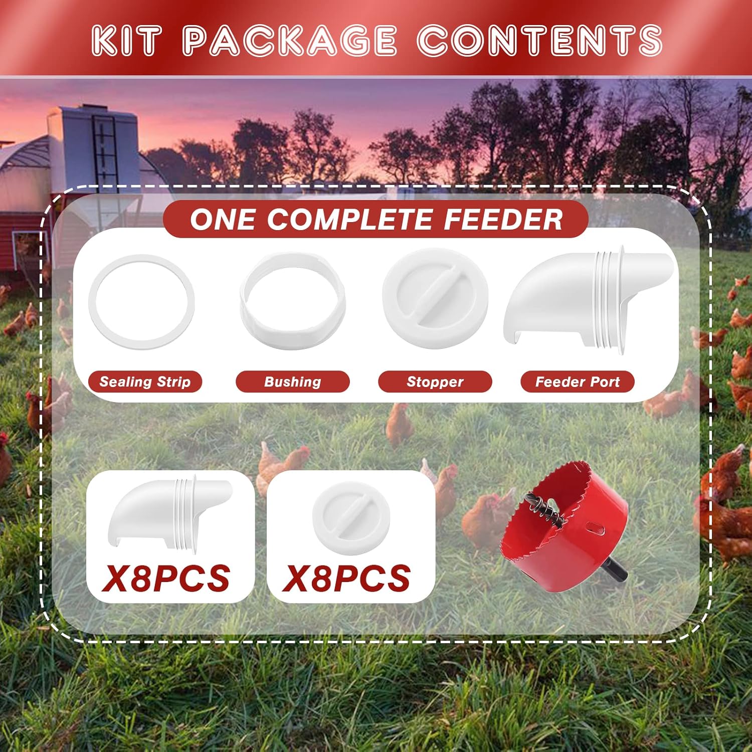 8 Ports DIY Chicken Feeder Kit, No Waste Poultry Feeder-Automatic Poultry Gravity Feeder Kit, Easy Installation, Durable+Rainproof; Less Waste, Well Fit for Barrels, Bins, Troughs, Boxes Pack of 2