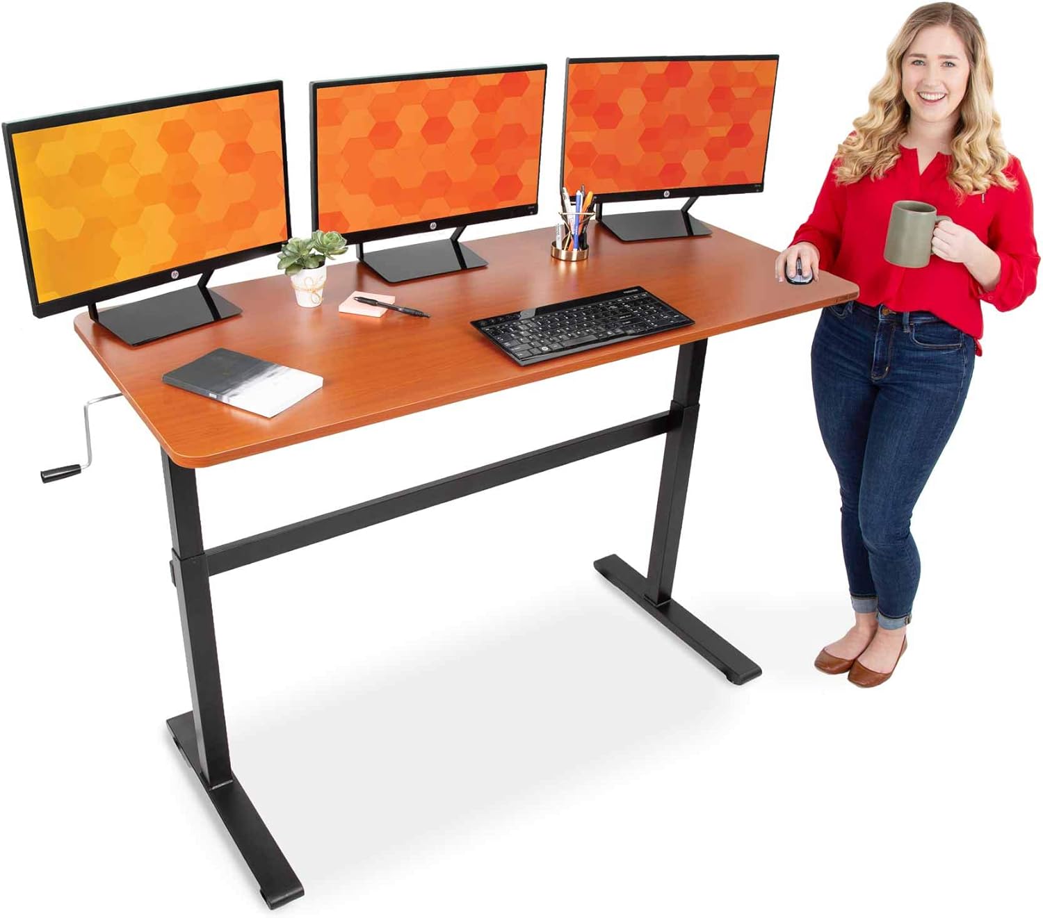 Stand Steady Tranzendesk | 55 Inch Standing Desk with Clamp On Shelf & Detachable Wheels | Crank Height Adjustable Sit to Stand Workstation | Monitor Riser Supports 3 Screens (55 in / Maple)