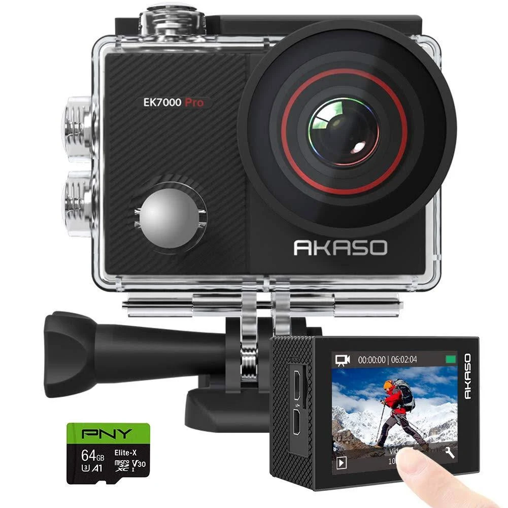 Akaso Ek7000 Pro 4K Action Camera + PNY Elite-X 64GB U3 microSDHC Card (Bundle)